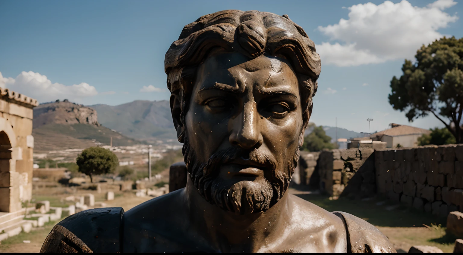 Ancient Stoic Statue With Very Angry Expression, tem barba, muitos detalhes em ambos os olhos, Outside, fundo atenas grego, open sky, com rosto extremamente detalhado full body view, Colors with low saturation with dark tone, Filmado em Sony A7S III com Sony FE 35mm f/1.8, 12.1 MP, --AR 3:2 --estilo cru