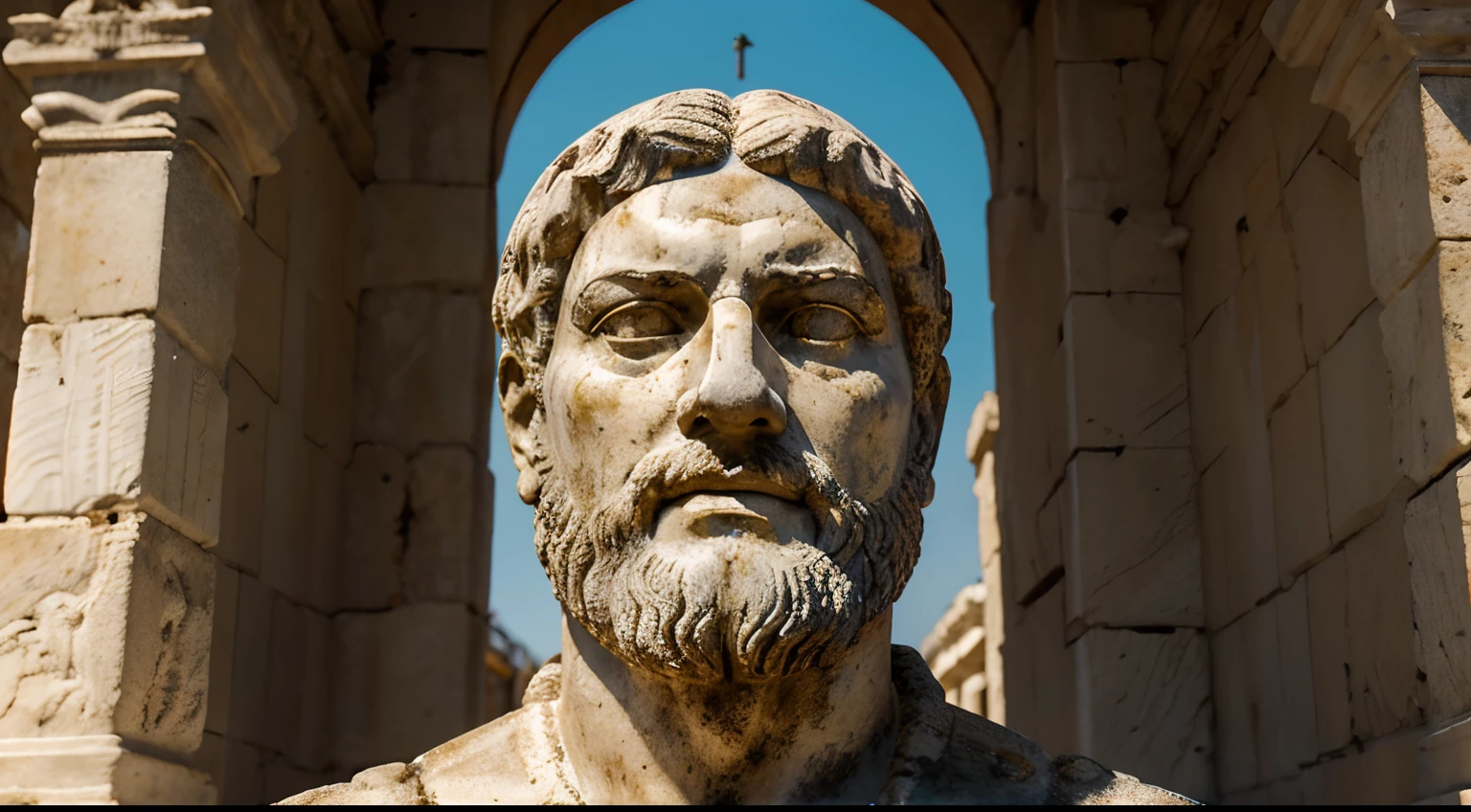 Ancient Stoic Statue With Very Angry Expression, tem barba, muitos detalhes em ambos os olhos, Outside, fundo atenas grego, open sky, com rosto extremamente detalhado full body view, Colors with low saturation with dark tone, Filmado em Sony A7S III com Sony FE 35mm f/1.8, 12.1 MP, --AR 3:2 --estilo cru