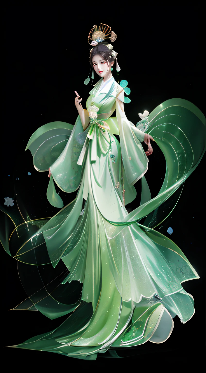 Close-up of a woman in a green dress holding a fan, ancient chinese beauti, an ancient Chinese goddess, spring goddess, goddess of nature, Princesa chinesa antiga, green aura, Earth goddess mythology, ancient china art style, glowing aura around her, Inspired by Qiu Ying, ((a beautiful fantasy empress)), Ethereal beauty, Exquisite digital illustration, Chinese fantasy，silkouette，Transparency，Light sense，Contour light，with light glowing，Transparent