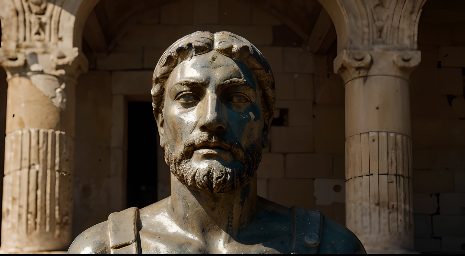 Ancient Stoic Statue With Very Angry Expression, tem barba, muitos detalhes em ambos os olhos, Outside, fundo atenas grego, open sky, com rosto extremamente detalhado full body view, Colors with low saturation with dark tone, Filmado em Sony A7S III com Sony FE 35mm f/1.8, 12.1 MP, --AR 3:2 --estilo cru