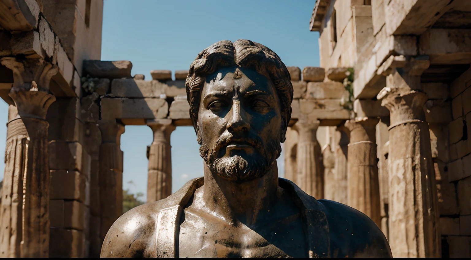 Ancient Stoic Statue With Very Angry Expression, tem barba, muitos detalhes em ambos os olhos, Outside, fundo atenas grego, open sky, com rosto extremamente detalhado full body view, Colors with low saturation with dark tone, Filmado em Sony A7S III com Sony FE 35mm f/1.8, 12.1 MP, --AR 3:2 --estilo cru