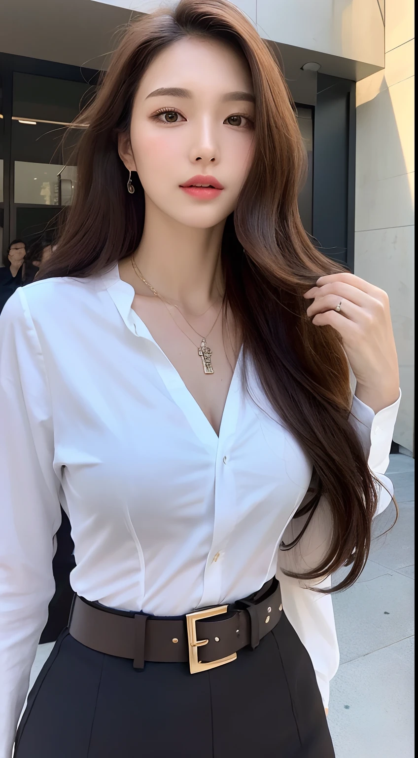 (Best quality, High resolution, Masterpiece :1.3), A tall and pretty woman, Slender abs, Dark brown hair styled in loose waves, Breasts, Wearing pendant, White button up shirt, Belt, Black skirt, (Modern architecture in background), Details exquisitely rendered in the face and skin texture, Detailed eyes, Double eyelid