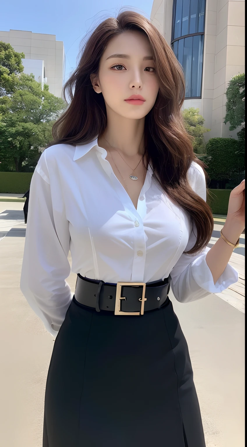 (Best quality, High resolution, Masterpiece :1.3), A tall and pretty woman, Slender abs, Dark brown hair styled in loose waves, Breasts, Wearing pendant, White button up shirt, Belt, Black skirt, (Modern architecture in background), Details exquisitely rendered in the face and skin texture, Detailed eyes, Double eyelid