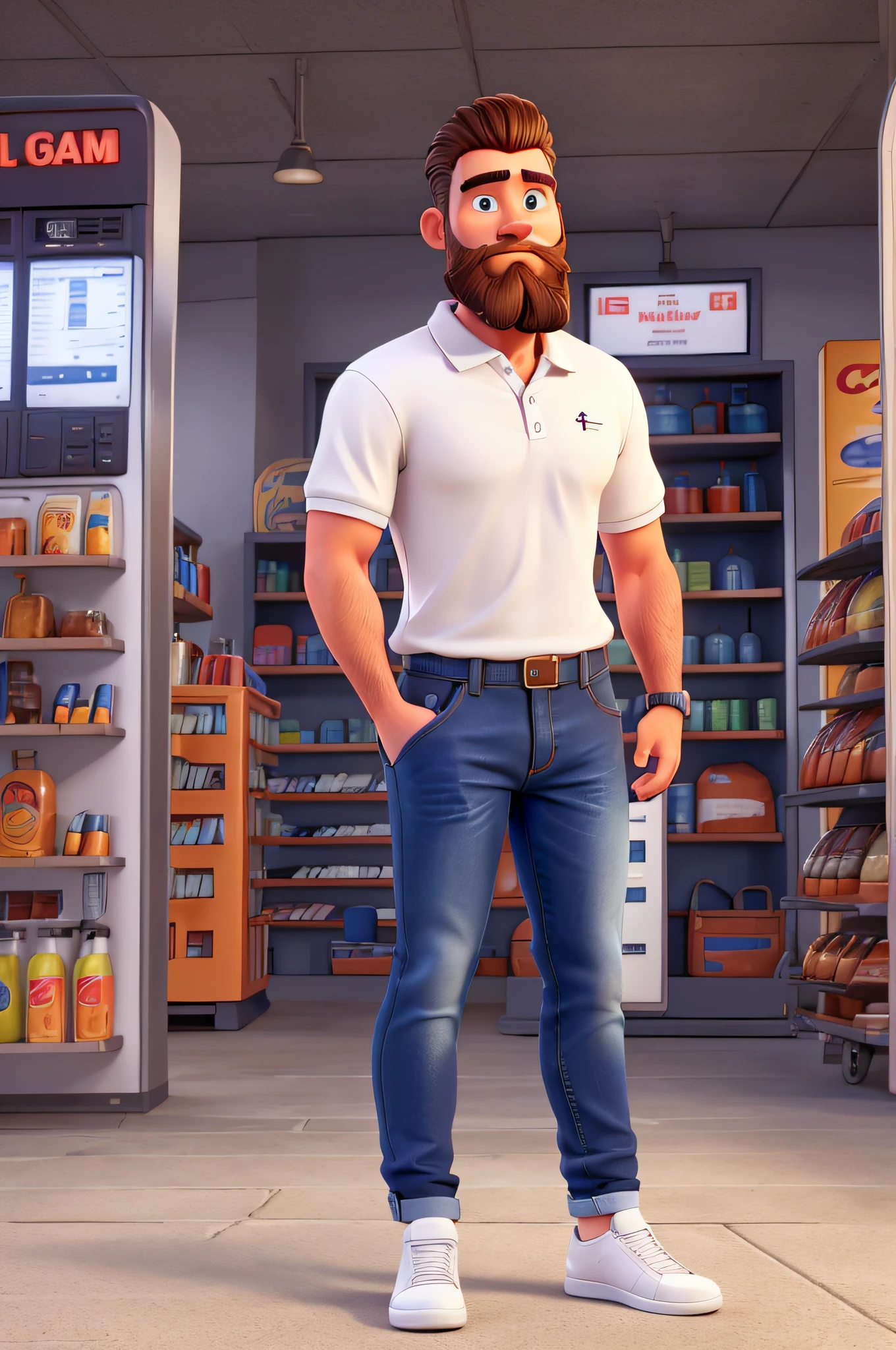 very detailed image of a man, fair skin and large beard, short formal hair wearing a polo shirt and jeans and white sneakers at a gas station image with vibrant colors and high resolution
