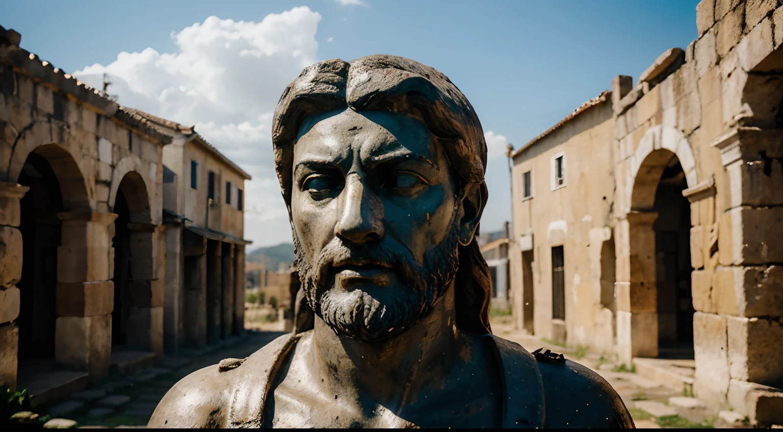 Ancient Stoic Statue With Very Angry Expression, tem barba, muitos detalhes em ambos os olhos, Outside, fundo atenas grego, open sky, com rosto extremamente detalhado full body view, Colors with low saturation with dark tone, Filmado em Sony A7S III com Sony FE 35mm f/1.8, 12.1 MP, --AR 3:2 --estilo cru