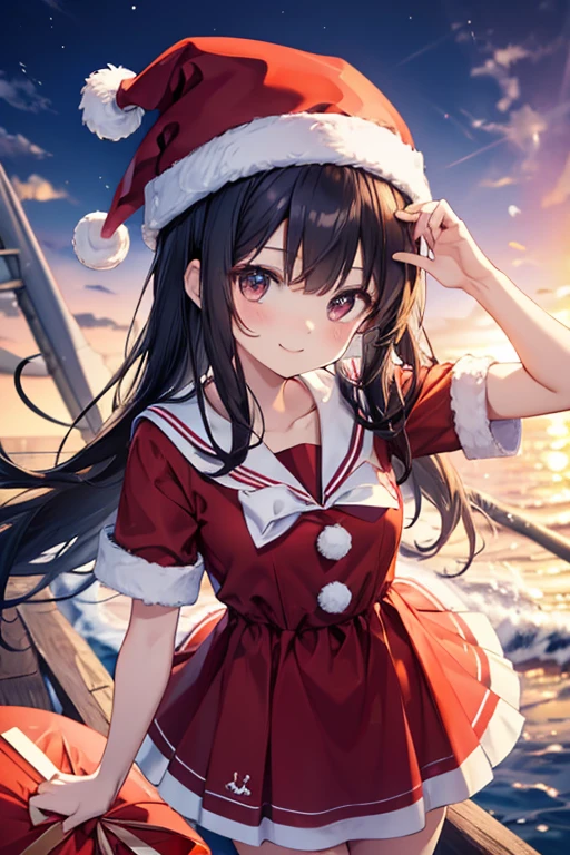 Smiling dark-haired girl in a sailor suit wearing a Santa Claus hat