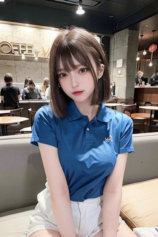 (8K、Raw photography、top-quality、masterpiece:1.2)、(realisitic、Photorealsitic:1.37)、1 girl in、 only、cute little、adolable、(blue eyess)、(Shy smile:0.4)、(独奏)、详细的脸、oval-face、Thin almond eyes、Brown hair shorthair、Hair over one eye、A slender、medium breasts、Collared shirt、Dramatic Angle、tilt of the head、fluorescent lamp、Inside the coffee shop、Sitting by the window、small head、(Facing the other side)、teens girl、piercings