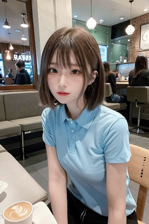 (8K、Raw photography、top-quality、masterpiece:1.2)、(realisitic、Photorealsitic:1.37)、1 girl in、 only、cute little、adolable、(blue eyess)、(Shy smile:0.4)、(独奏)、详细的脸、oval-face、Thin almond eyes、Brown hair shorthair、Hair over one eye、A slender、medium breasts、Collared shirt、Dramatic Angle、tilt of the head、fluorescent lamp、Inside the coffee shop、Sitting by the window、small head、(Facing the other side)、teens girl、piercings
