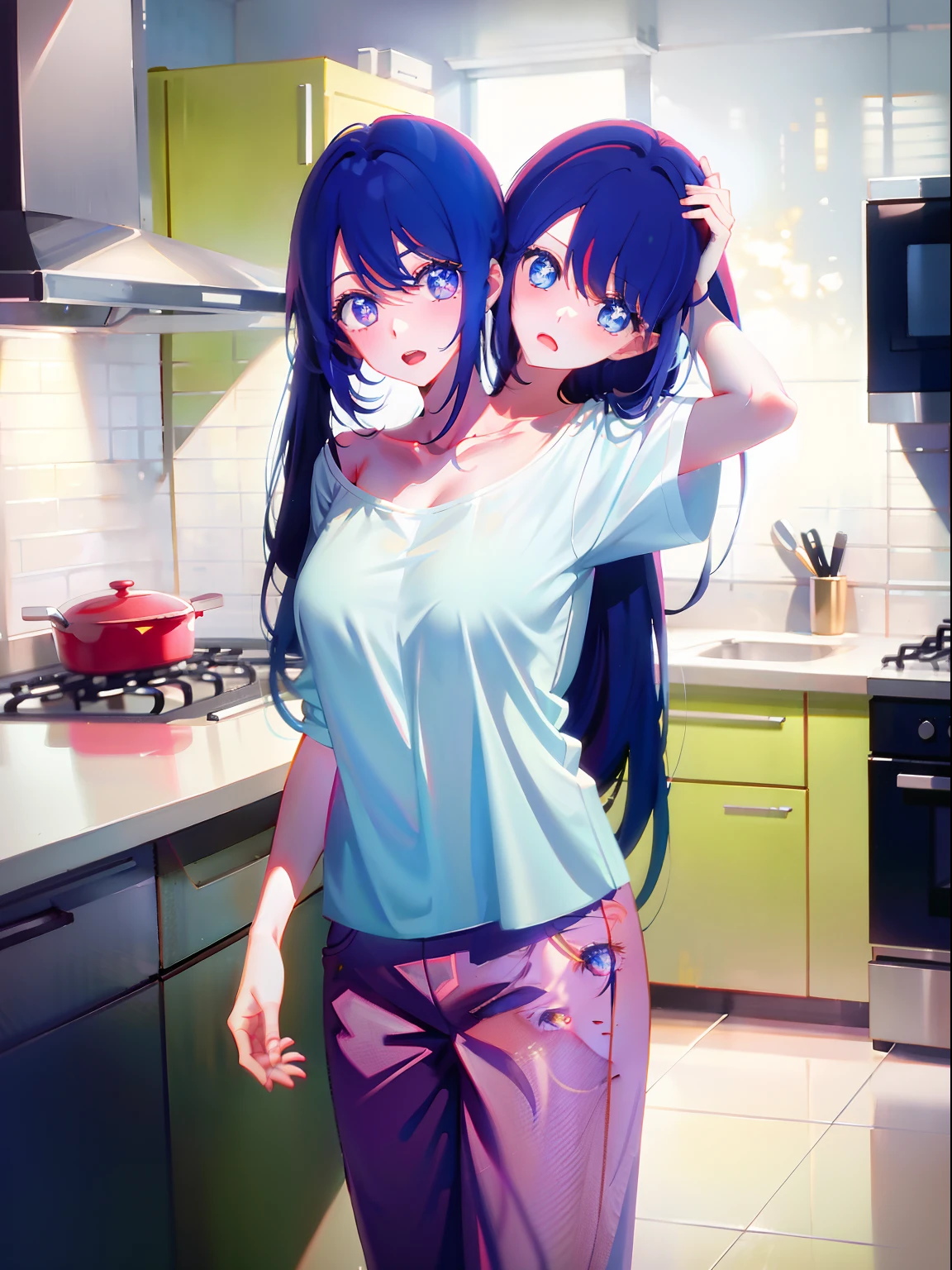 (masterpiece, best quality), best resolution, (2heads:1.5), 1girl, hoshino ai character, weary, headache, hangover, one head kissing another, heads tilted in towards each other, in pain, dizzy, extremely long hair, one head has long blue hair, the other head has pink hair in a high ponytail, they are looking at each other, heads kissing each other, self-hug, hair reaching the floor, hair wider than body, hair underdye, blue eyes, eyes open, all other eyes open, open mouth, light blue t-shirt, tan pants, hand on forehead, apartment kitchen