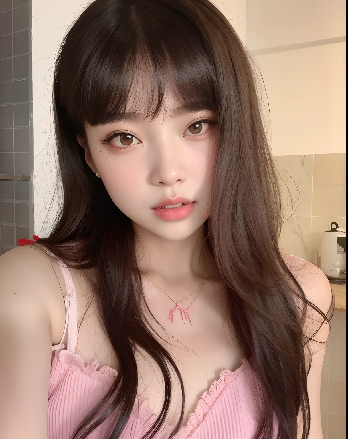 (realistic、high resolution:1.3)、 1 girl with perfect figure、selfee、Long、((white skin:1.3))、big breast、white bikini、looking at viewers、super fine face and eyes、long hair、 in bedroom, sit on the bed、upper body、half body