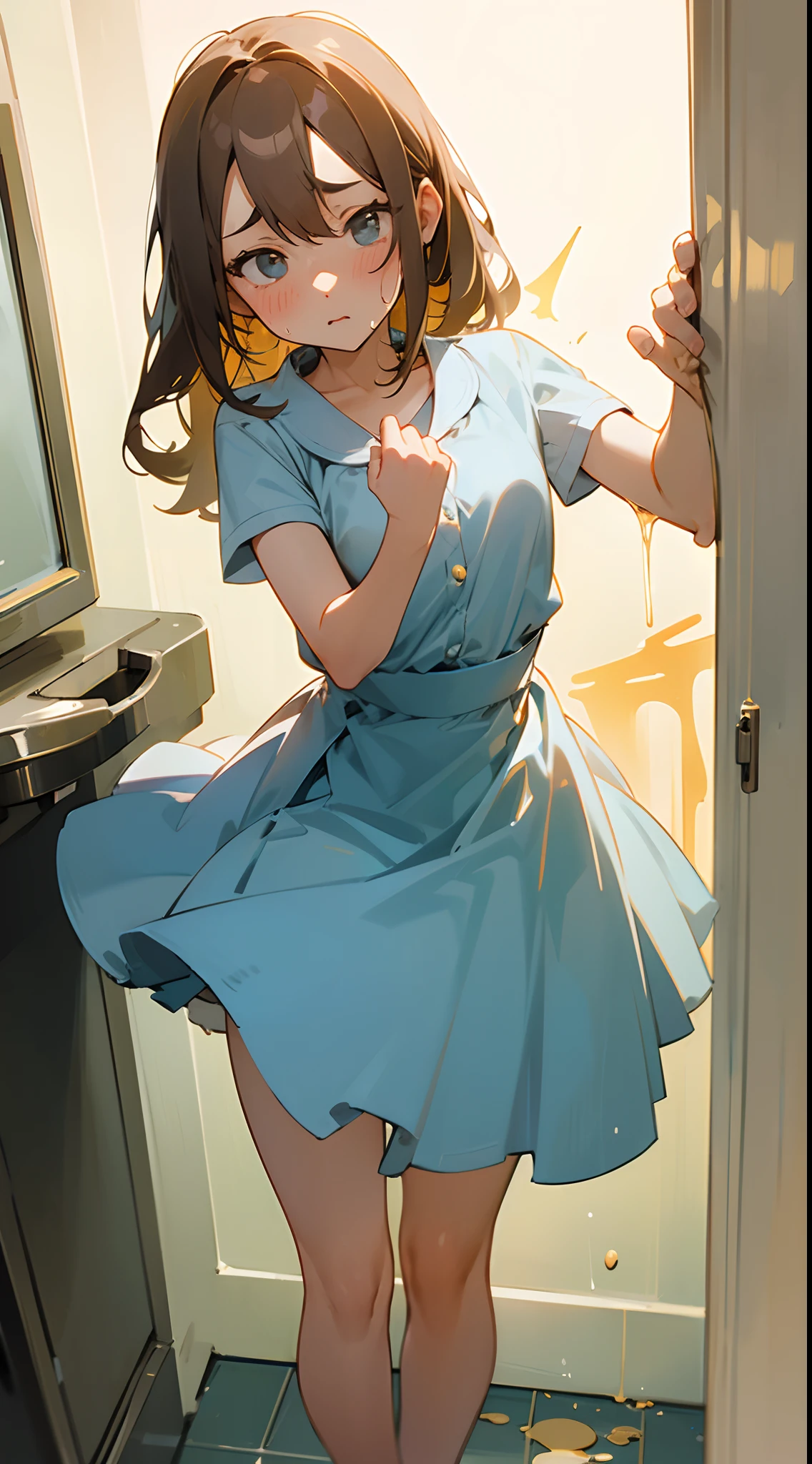 girl leaking urine, Light blue dress, standing up, Shyness and embarrassment Sweating profusely Covering the crotch with one hand, ultra defined face and body, girl in need to toilet pose, can't hold pee striking pose.