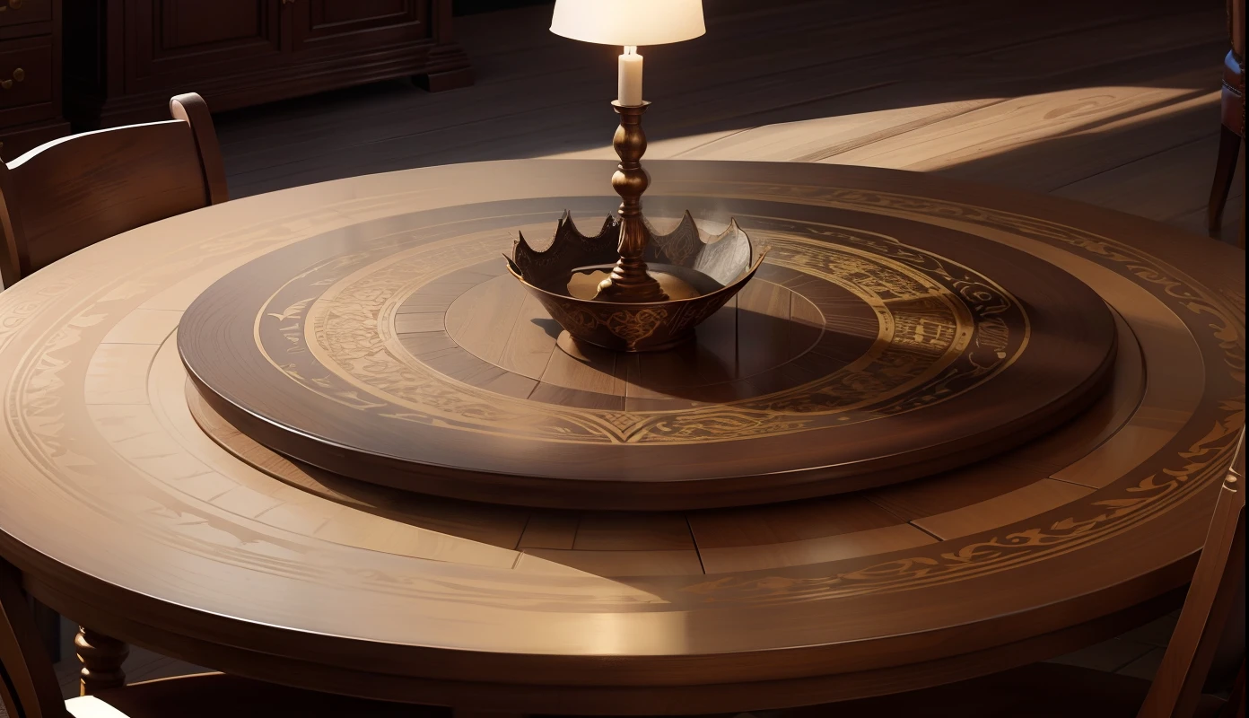 Round table with leather drawing dragon ink gold text