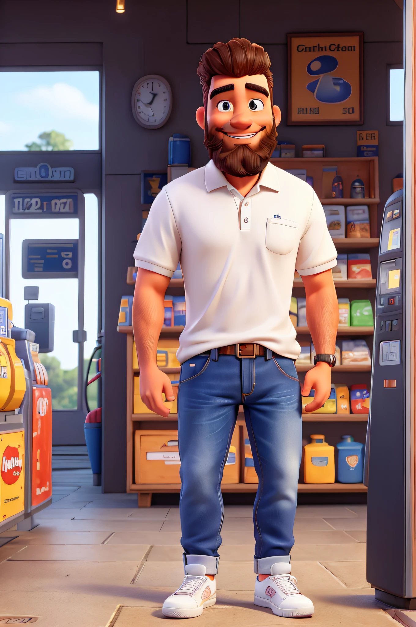 very detailed image of a smiling man with light skin and a large beard, short formal hair wearing a polo shirt and jeans and white sneakers at a gas station image with vibrant colors and high resolution