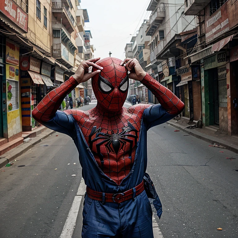 Spiderman, walking,in Indian streets,blur Nikon camera image, High revolution,top quality, masterpiece, crowd,he look at the camera --auto --s2
