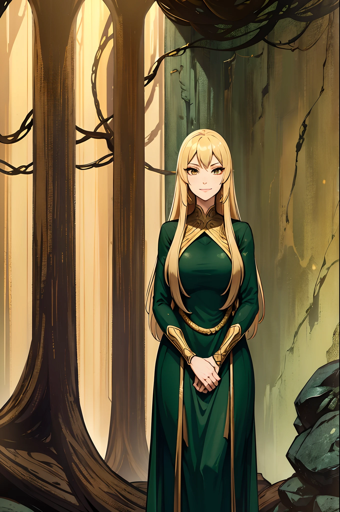 Snake Women, tall, strong, blond, golden eyes, friendly smile, dark green dress, long dress, cave background, stone background, dark ambience