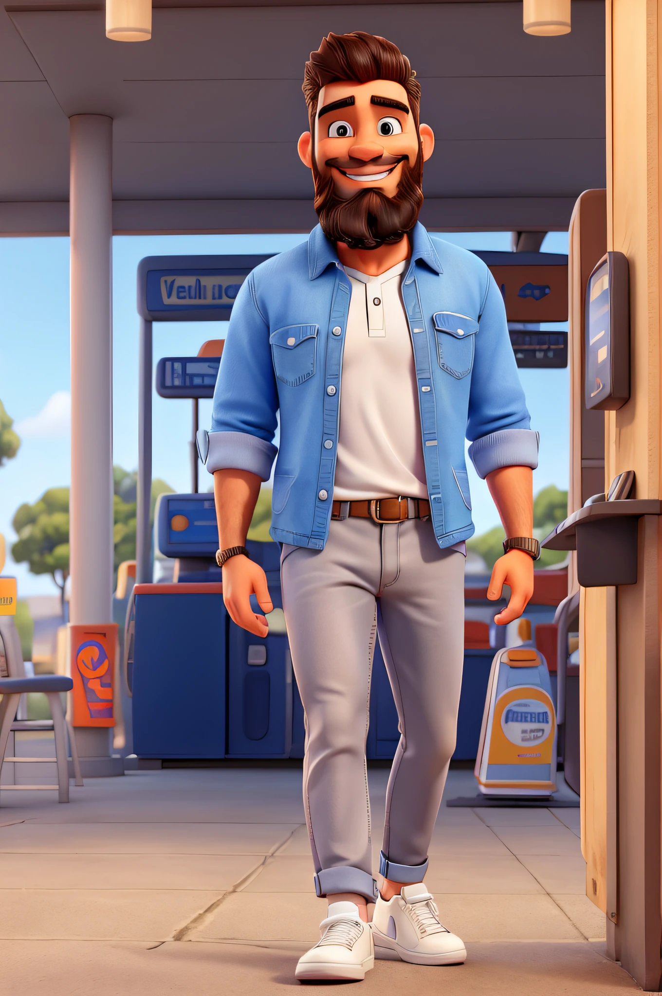 very detailed image of a smiling man with light skin and a large beard, short formal hair wearing a polo shirt and jeans and white sneakers at a gas station image with vibrant colors and high resolution