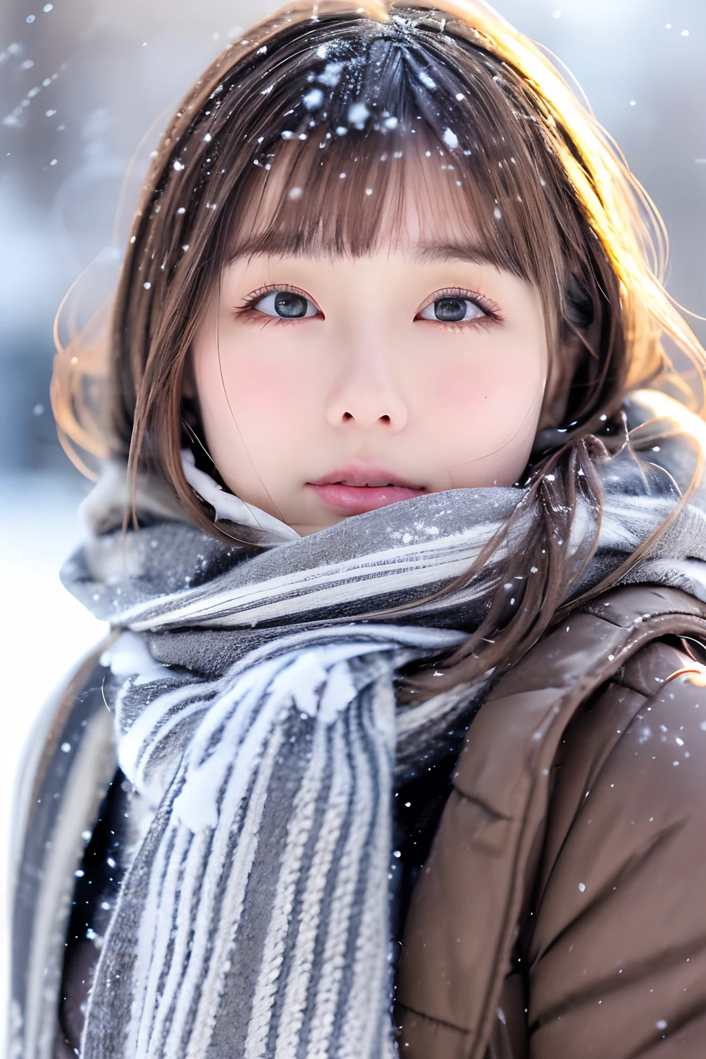 ((no-makeup、closes mouth:1.2))、(realisitic、Photorealsitic、ultra-detailliert、Highest Details Skins、top-quality、masterpiece、超A high resolution)、Cute Russian Woman、ars、hi-school girl、younggirl、1 girl in、I have bangs、ash blonde:1.7、二重まぶた、drooing eyes、Japanese style face、purity、Keep your mouth shut、Realistic skin type、Thick muffler、Grey muffler、fluffy hair、((Hair is inside the scarf:1.3))、Red cheeks、The wind is blowing、It's snowing、natta、illuminations、Lighting from behind