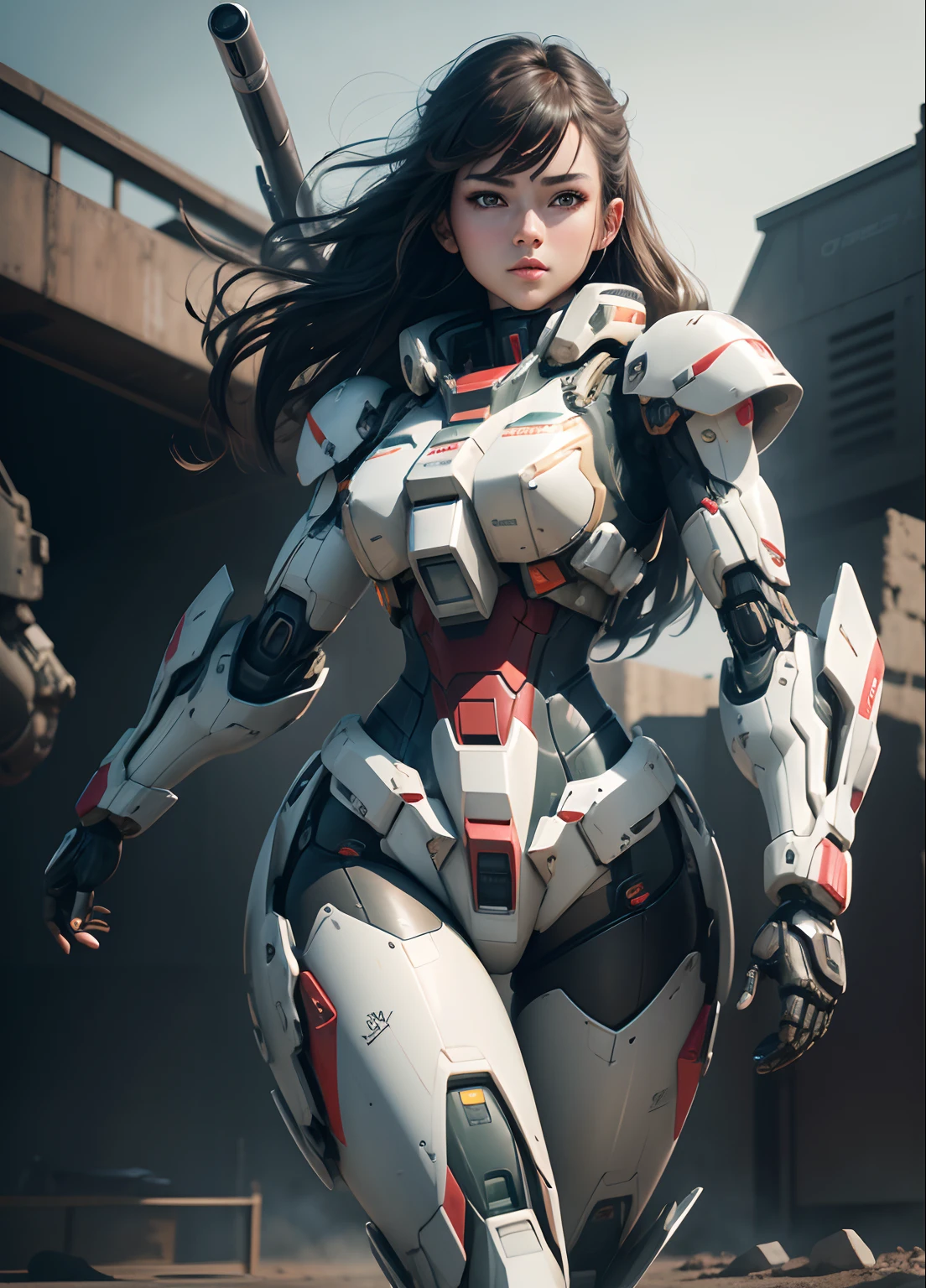 Textured skin, Super Detail, high details, High quality, Best Quality, hight resolution, 1080p, hard disk, Beautiful,(Gundam),beautiful cyborg woman,Mecha Cyborg Girl,Battle Mode,Girl with a Mecha Body,She wears a futuristic Gundam mecha,Fulll body Shot
