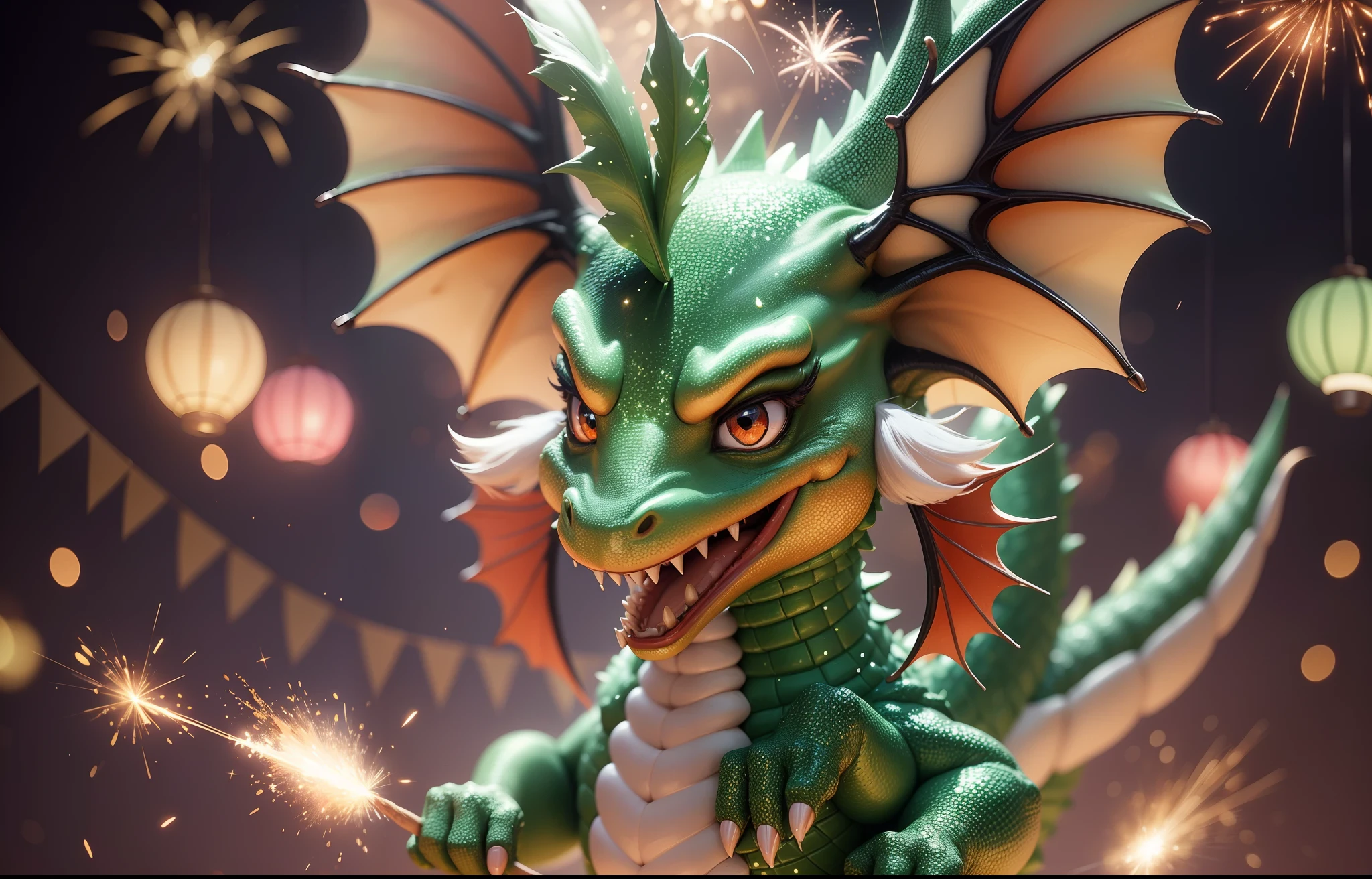 Very Close-up. A very funny dynamic cartoon scene. A cute cheerful cartoon dancing dragon of wooden-green color, all in glitter, is preparing to celebrate the New Year, hanging decorations, shiny garlands. sparklers with sparks in different directions. Photorealistic. Cinematic. Studio lighting and red and blue backlighting. White background. --auto --s2