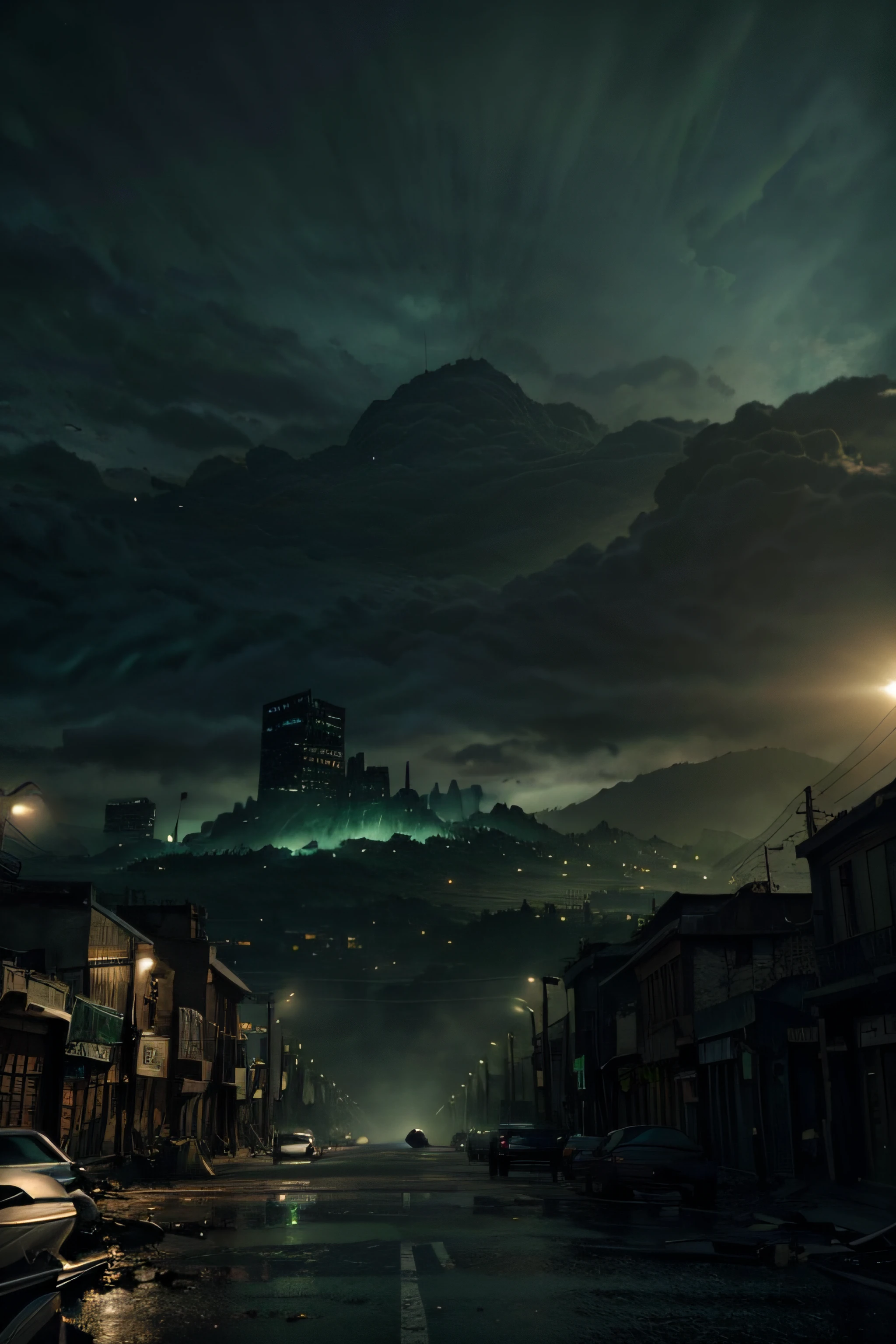 A background, no character, damaged city, dark color, Epic background design,Realistic CGI background, in the living room, green things