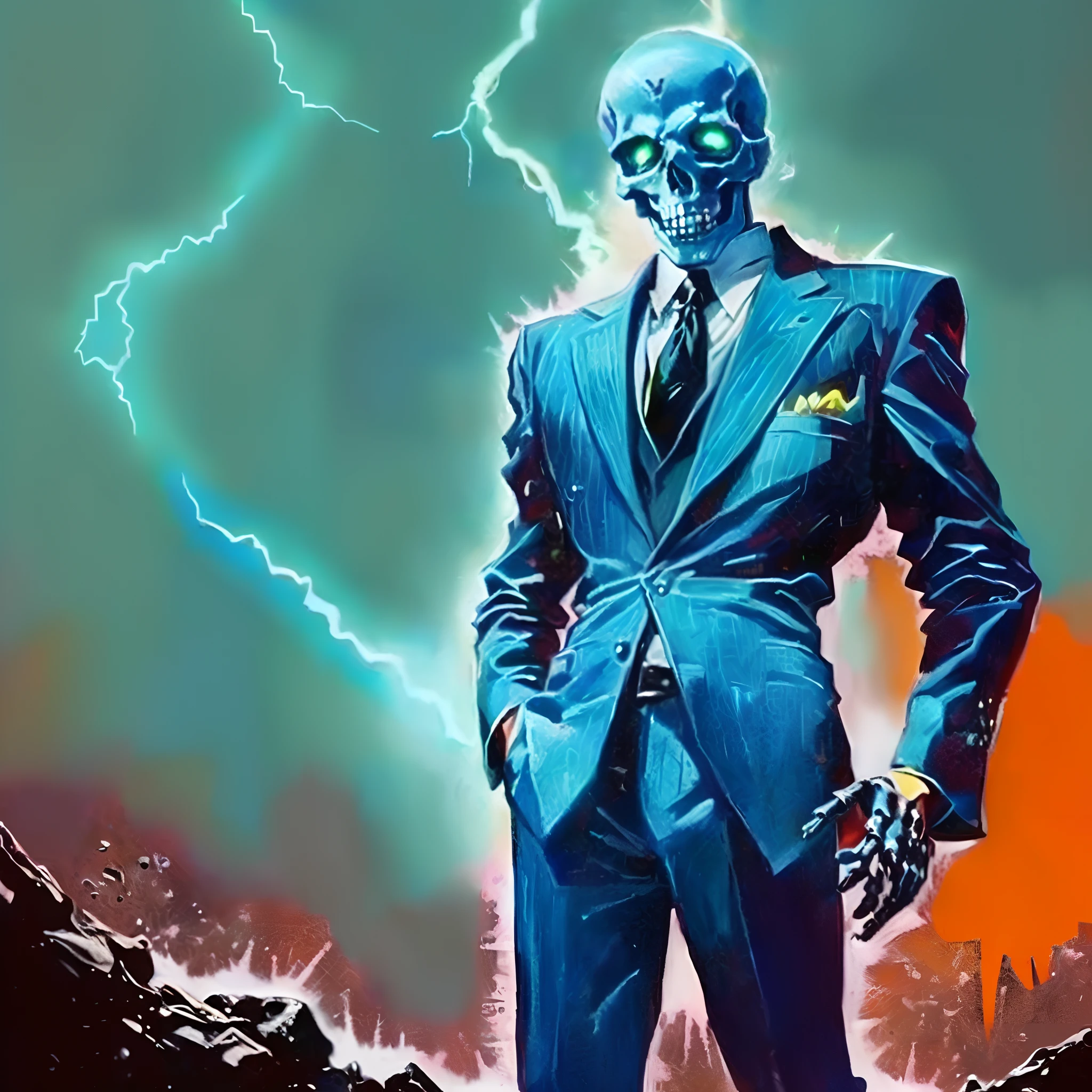 painting of a skeleton man in a suit and tie is struck by a lightning bolt, frank kelly freas, by Kelly Freas, style of kelly freas, inspired by Kelly Freas, retro pulp art, 1987 pulp art, 1980s pulp fantasy, ( art fitzpatrick ), 5 0 s pulp scifi illustration, by Terry Oakes, purple and neon green glow, a rainstorm