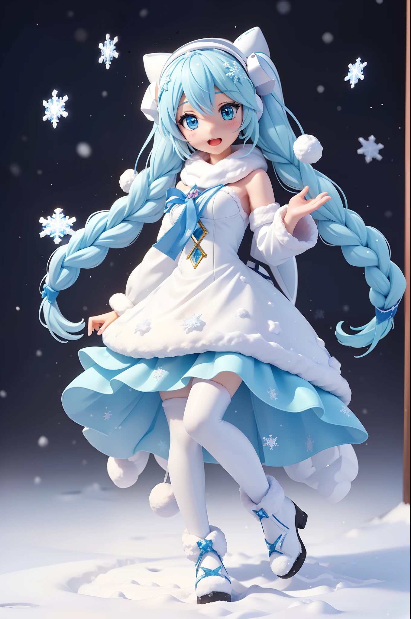 Snow Miku 2017, ((Snow Miku:1.2))。 Snowflakes in Hand, Surprised expression, Beautiful snow, snowflakes falling, Frozen flowers, Falling snowflakes, figurine, ((full body Esbian))