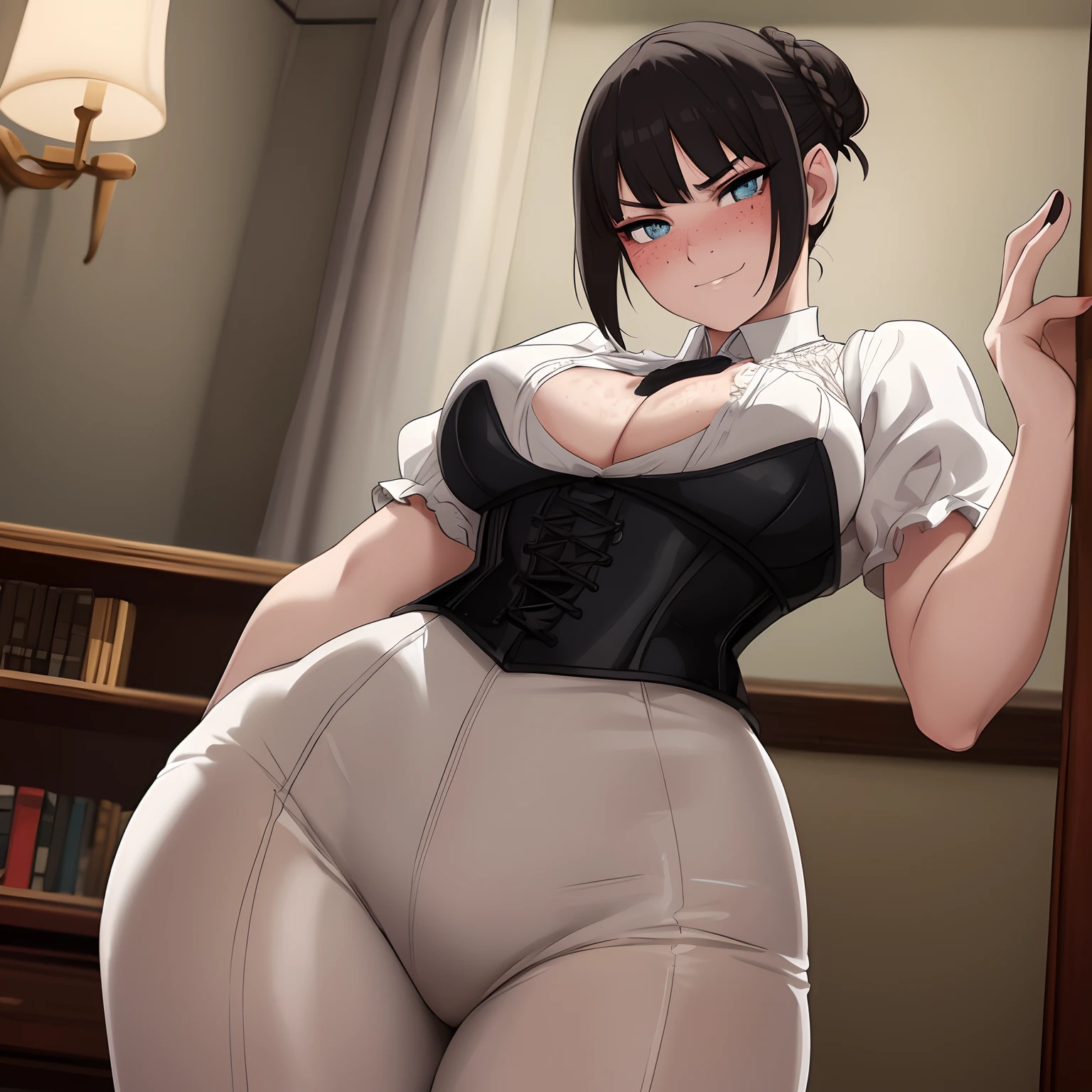 highly detailed, skindentation, pale woman with freckles, short black hair in messy bun, bangs, looking at viewer, blushing, sparkling eyes, white blouse, corset, stretched clothing, dark moody bedroom, masterpiece, best quality, perfect anatomy, highres, detailed, 1girl, smug