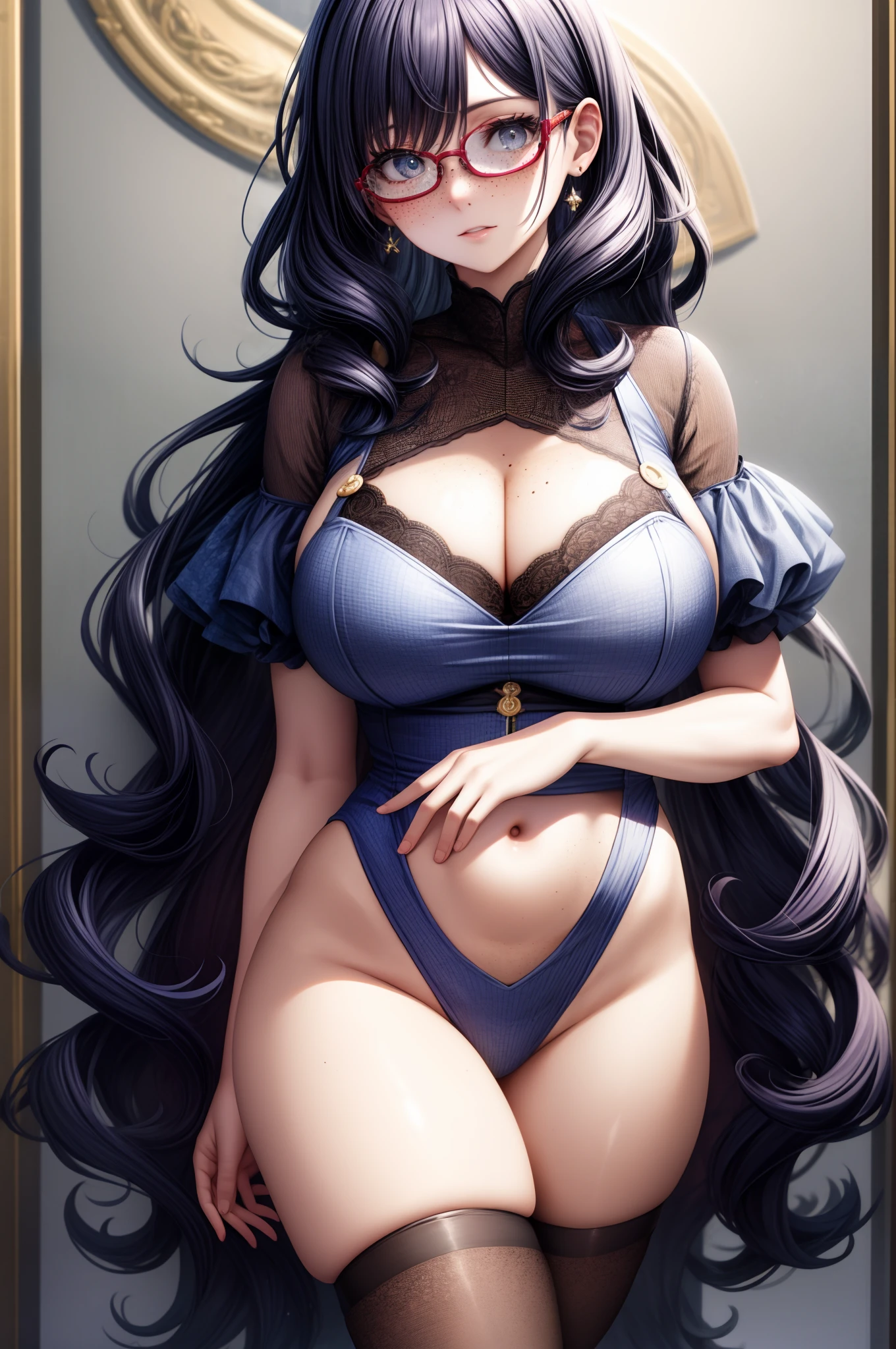 masterpiece, best quality, extremely detailed, absurdres, curvy, busty breasts, pale skin, freckles, big royal blue hair, wavy hair, circle glasses, guildmarm outfit, looking at viewer, cowboy shot,