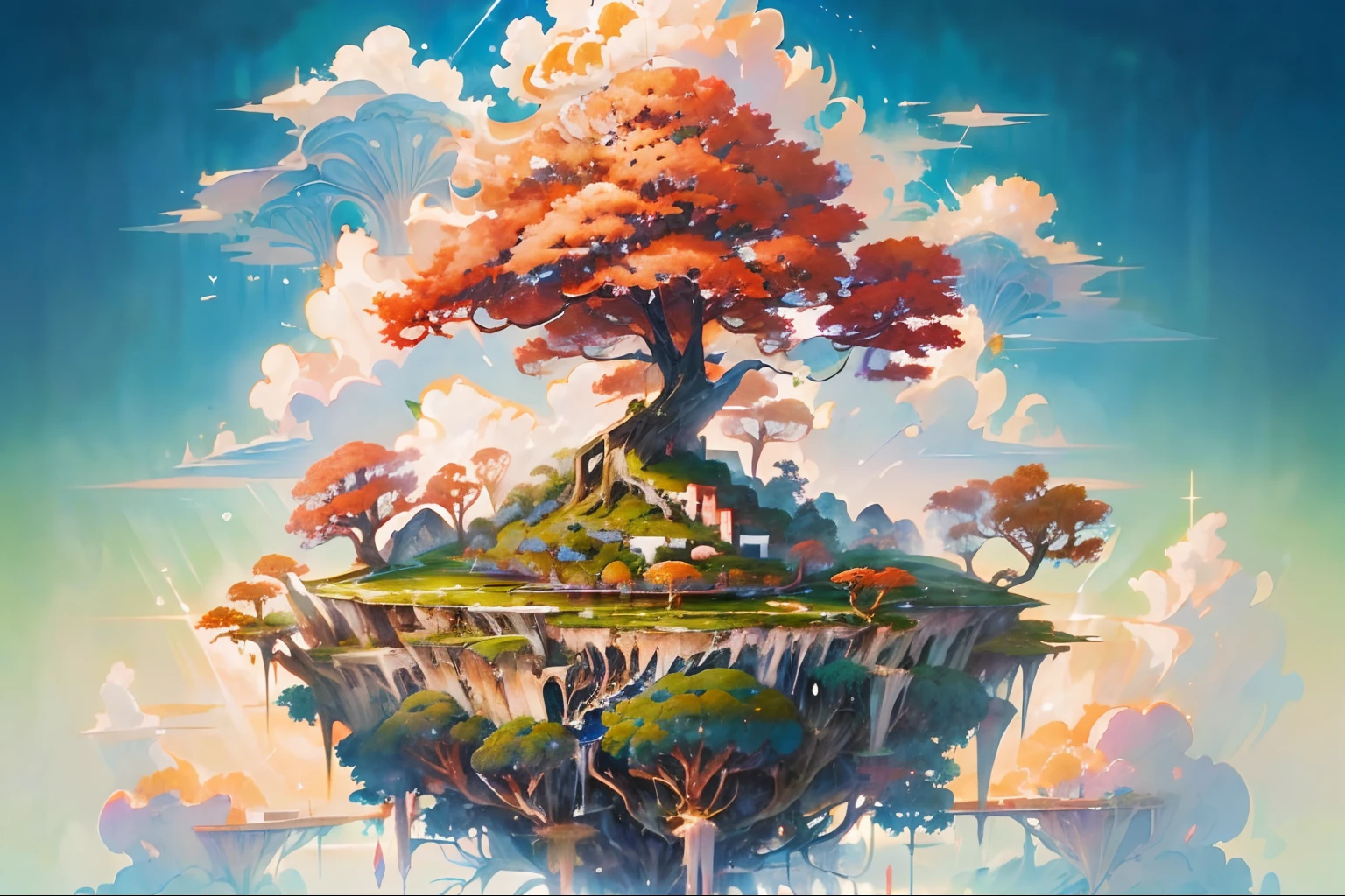 ((a picture of a picture of a floating island with a giant tree)), (floating island in the sky), floating and flying island, island floating in the sky, flying island in the sky, floating island, anime nature wallpap, ross tran. scenic background, anime nature, beautiful anime scenery, ((floating ruins in the sky)), flying island, beautiful anime scene, anime scenery