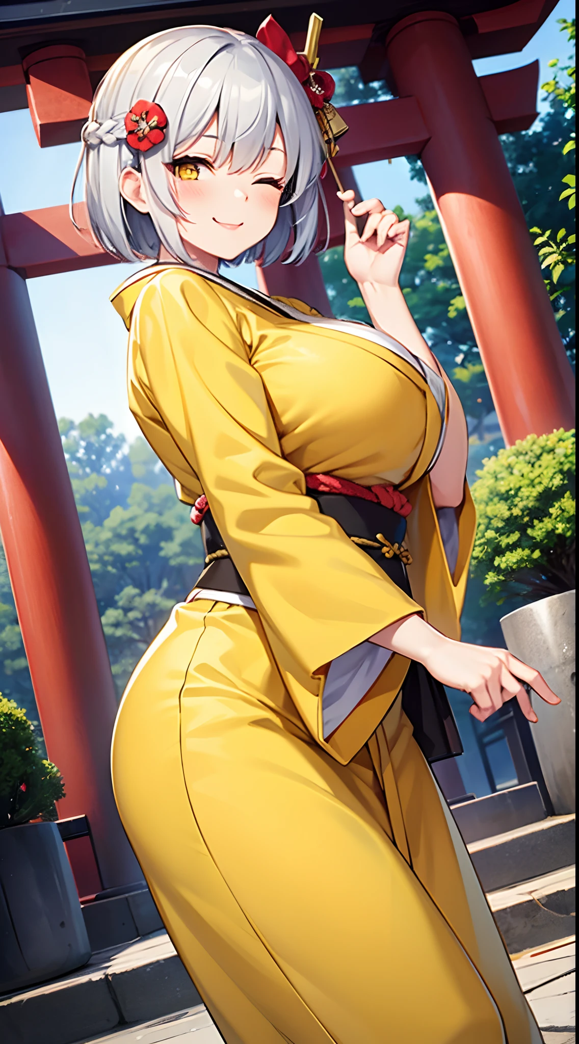 1 girl, game CG, yellow kimono, hair ornament, gigantic breasts, silver hair, short hair, french braid, yellow eyes, Japanese shrine, dynamic, double piece, smile, one eye closed,