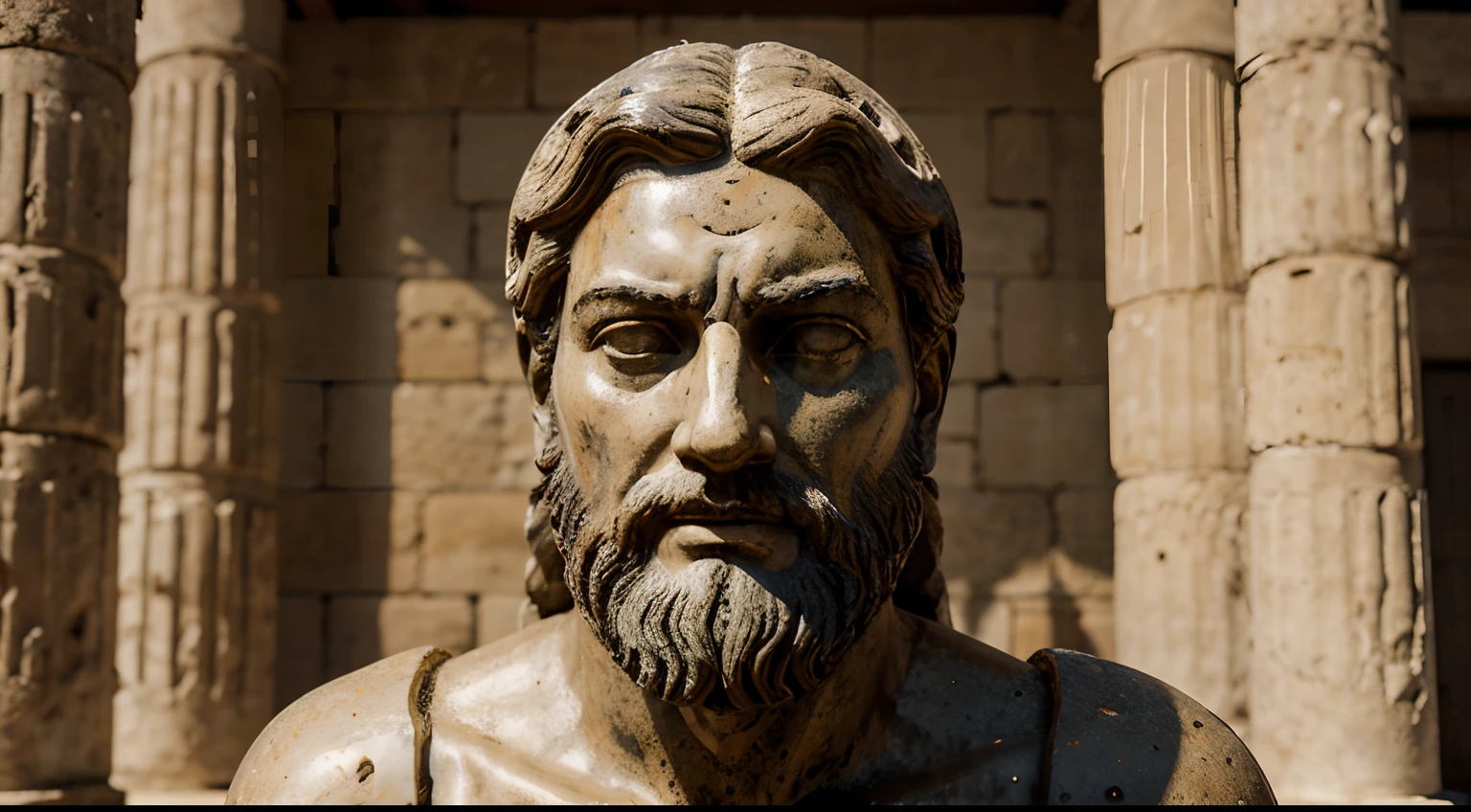 Ancient Stoic Statue With Very Angry Expression, tem barba, muitos detalhes em ambos os olhos, Outside, fundo atenas grego, open sky, com rosto extremamente detalhado full body view, Colors with low saturation with dark tone, Filmado em Sony A7S III com Sony FE 35mm f/1.8, 12.1 MP, --AR 3:2 --estilo cru