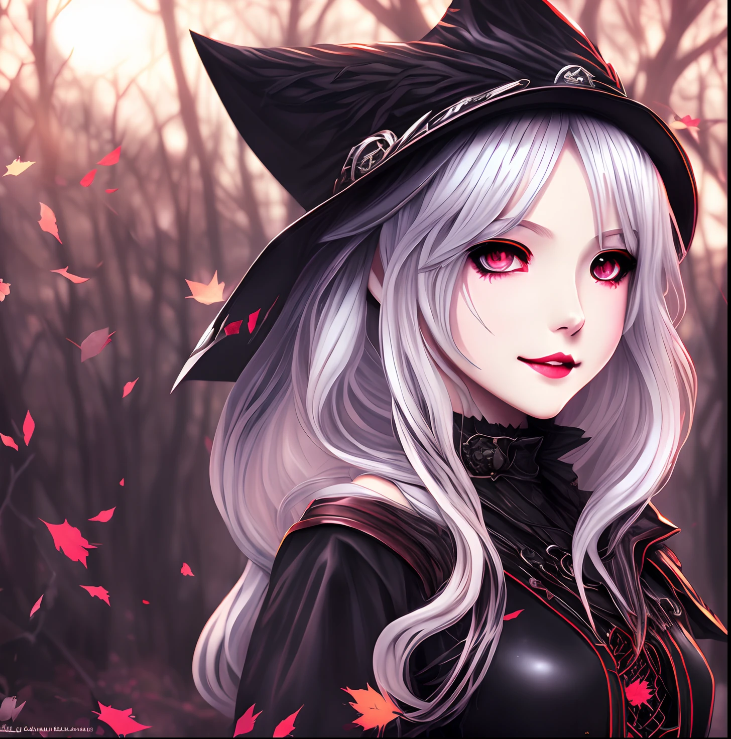 Waist-length silver hair,,Red Eyes,Glossy lips,de pele branca,a smile,Wear a gothic vibe,the witch,s girl,autumnal,Detailed anime art