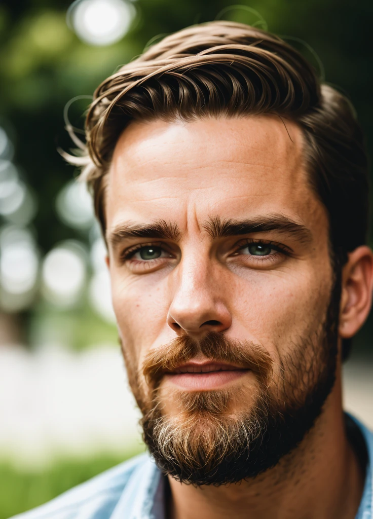 Portrait of a man on a 35mm lens, f1,2, natural lightin, exteriors, summer, middey, 4k,Highly detailed