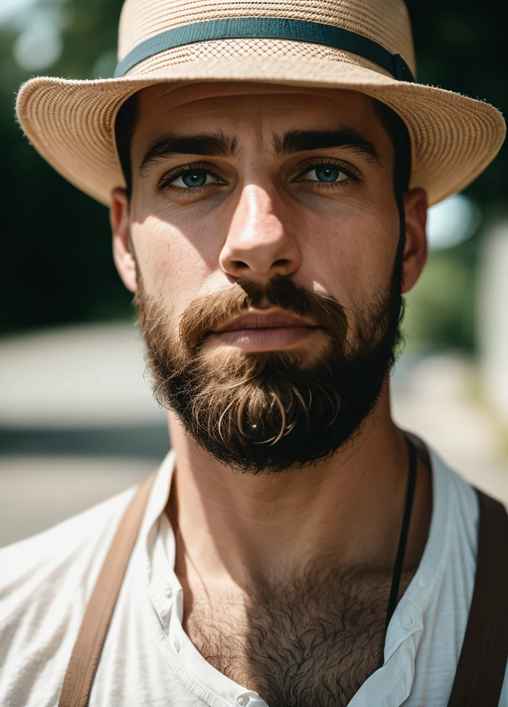 Portrait of a man on a 35mm lens, f1,2, natural lightin, exteriors, summer, middey, 4k,Highly detailed