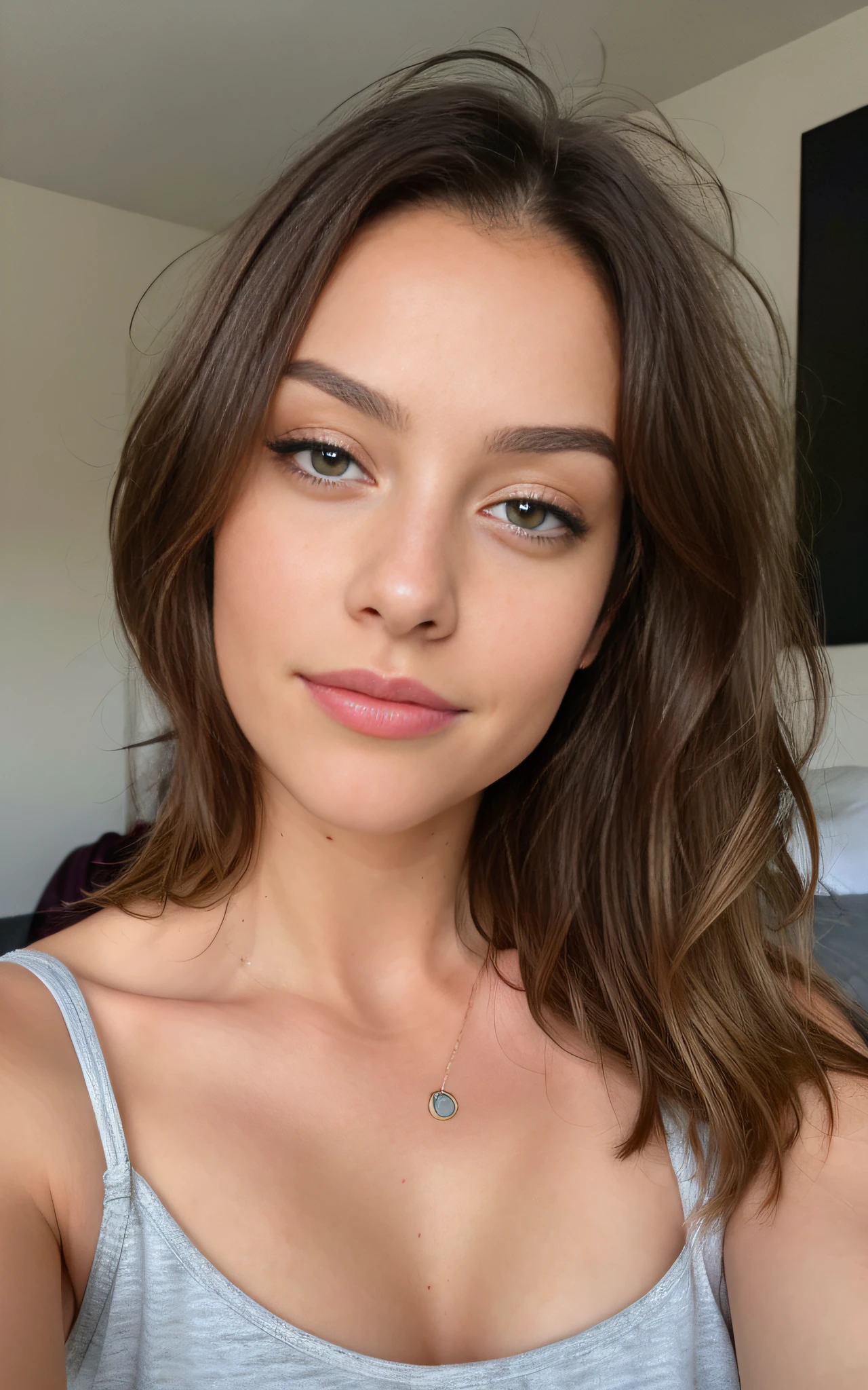 Una hermosa joven blanca, cabello oscuro y liso, light brown eyes, sus labios deben ser carnosos y atractivos con un tinte rosado natural, foto de instagram (piel texturizada, poros de la piel:1.1), (moles:0.8), piel imperfecta, cara perfecta. foto de cuerpo medio. foto autofoto.