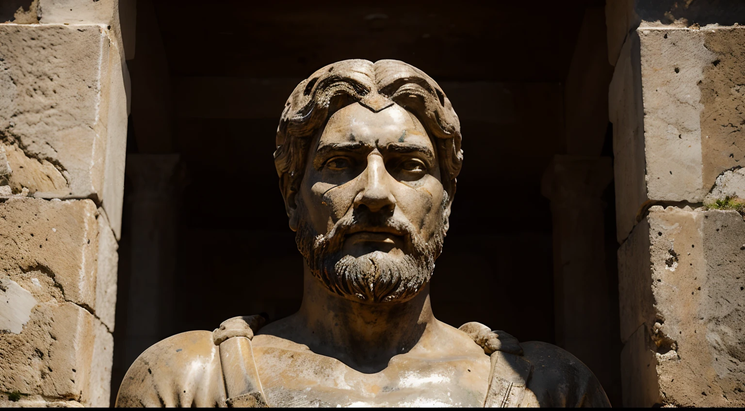 Ancient Stoic Statue With Very Angry Expression, tem barba, muitos detalhes em ambos os olhos, Outside, fundo atenas grego, open sky, com rosto extremamente detalhado full body view, Colors with low saturation with dark tone, Filmado em Sony A7S III com Sony FE 35mm f/1.8, 12.1 MP, --AR 3:2 --estilo cru