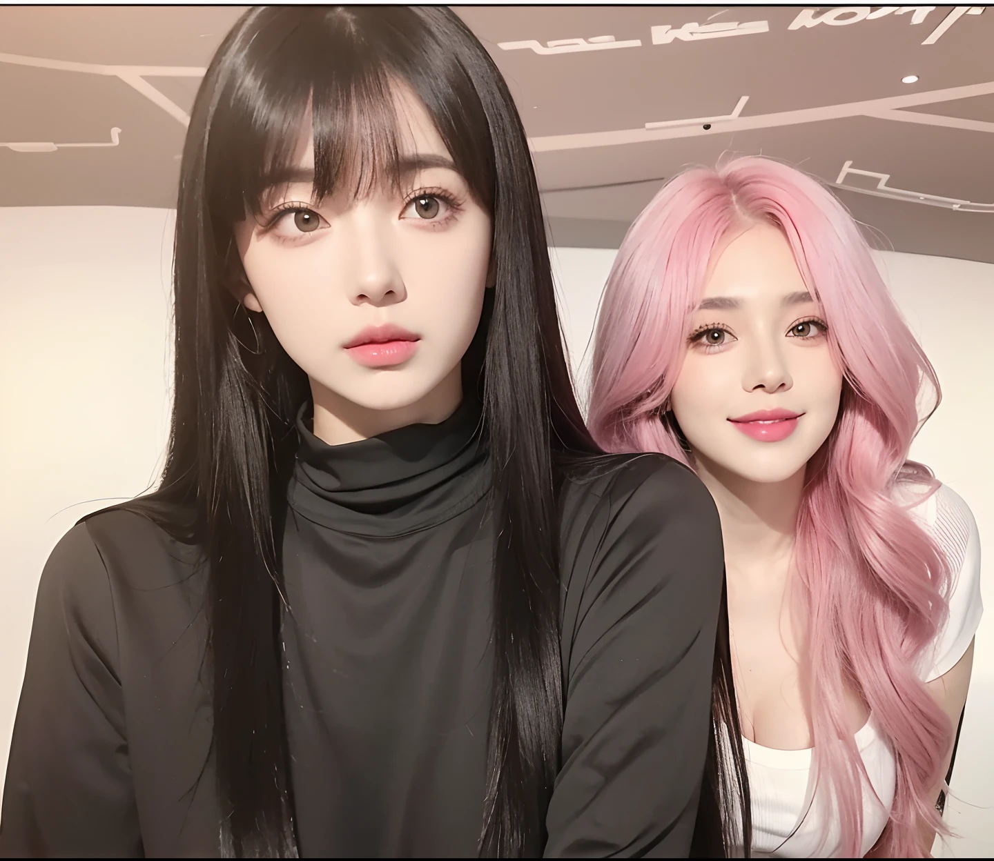 2 girls with realistic long black and long pink hair, exactly the same long black hair, exactly the same hairstyle, realistic beautiful faces, realistic cool black hair expressions, Realistic sweet smiling pink hair expression, adapt 2 people's clothes exactly the same,Realistic light, realistic shadows, realistic background,The chest of both people is realistically large,Realistic big breasts,The one with pink chest hair looks a little realistic, The army shirt has realistic big chest