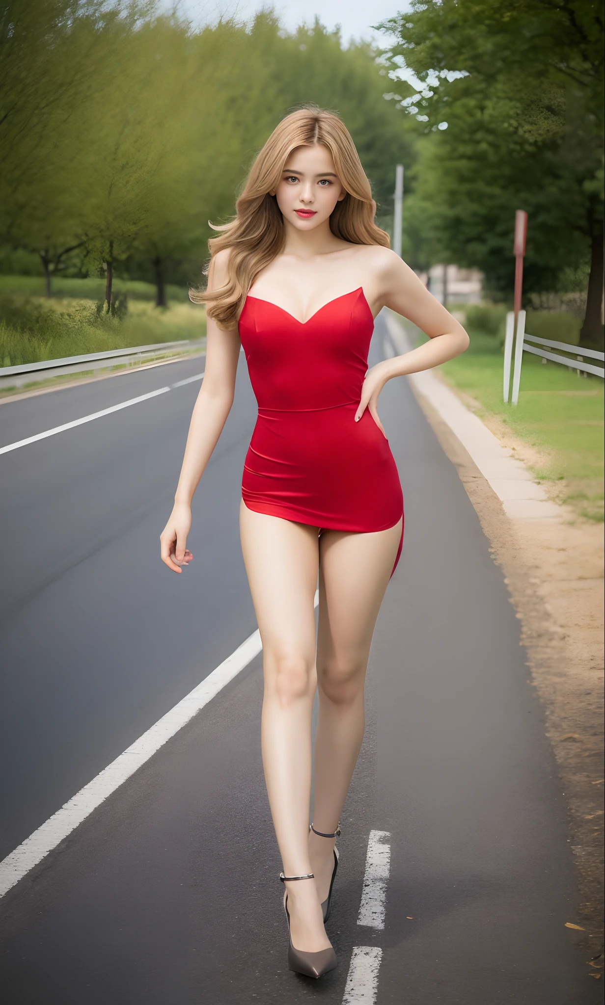 1Girl, ultra realisic, The ultra-Highres, Best Quality, Masterpiece, Depth of field, realisitic, Realistis, films, Young and beautiful female Asian supermodel, , smooth soft skin, perfect faces, smooth soft skin, Bucksom, (Fit), graceful, Beautiful face with delicate details, finelydetail, Beautiful Exotic Eyes, (lively), kind, wise, (((Golden curved hair))), splendid, Artistic color palette, Color Grading, Extremely detailed, Dynamic lighting, edgy, Full , visible , Half Body, ((Photo of the road in front of the portrait taken in an old European castle)), Image size: 9:16, 3d rendered, Long leg, 22cm high heels, Slim legs, Beautiful Legs, Exposing the genitals, Genital markings, Show Details Genital, Open Legs, Slim legs, Beautiful Legs, Wearing red high heels, I'm ready to love you, musturbation, opened mouth, Chinatsumura, , little_Cute