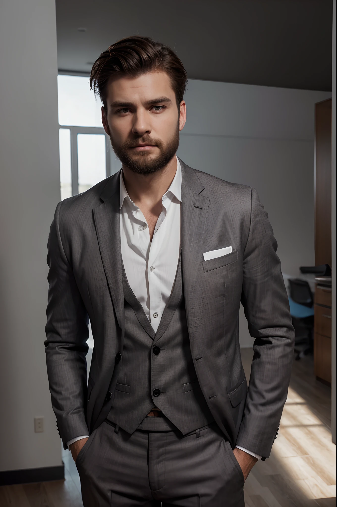 30 years handsome man, extremely masculine, beard, RAW photo, brown hair, quiff hairstyle, black office shirt, grey plain suit (slim fit), high detail face, direct look, high detail hands, high detail eyes, white skin, ultrarealistic, full posture photo, Nikon, dark shot