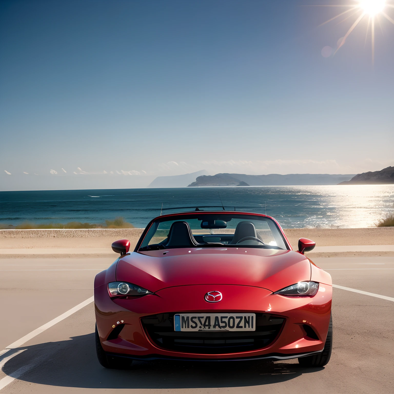 wabstyle, Mazda mx5, roule en bord de mer, avec du soleil, style dessin manga, shooting from below, shot on Sony A7III, in the style of Nan Goldin, hires photography.