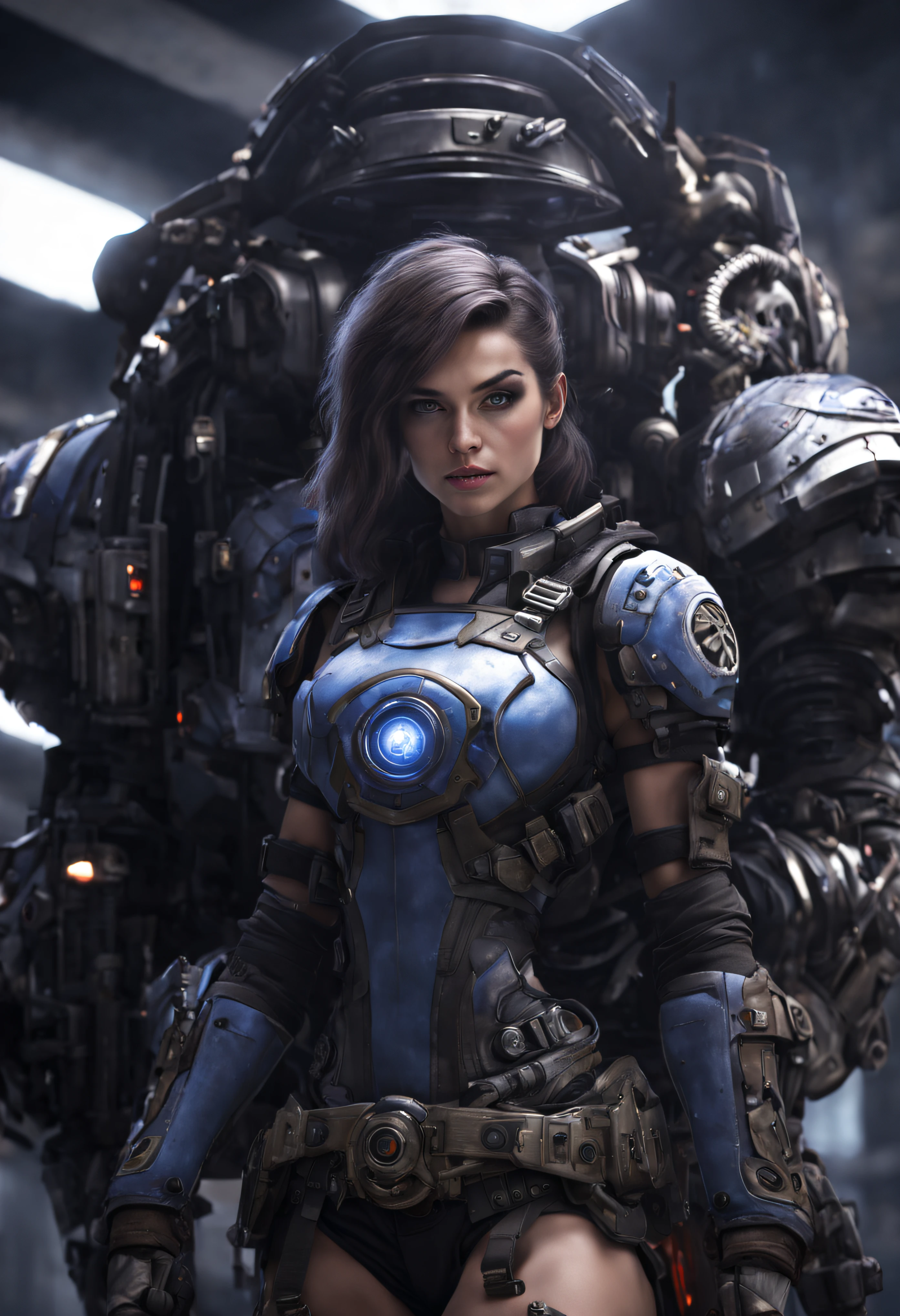 mujer alienigena extraterrestre, considerada como una de las razas mas bellas de la galaxia, con una cara, ojos y labios sensuales, vestida con uniforme sexy de gears of war con minifalda, ((se encuentra en centro de control de estacion espacial)). hiperrealista, imagen nitida, 8k. imagen cinematografica. (intrincados detalles de la maquina), (obra maestra de calidad superior).