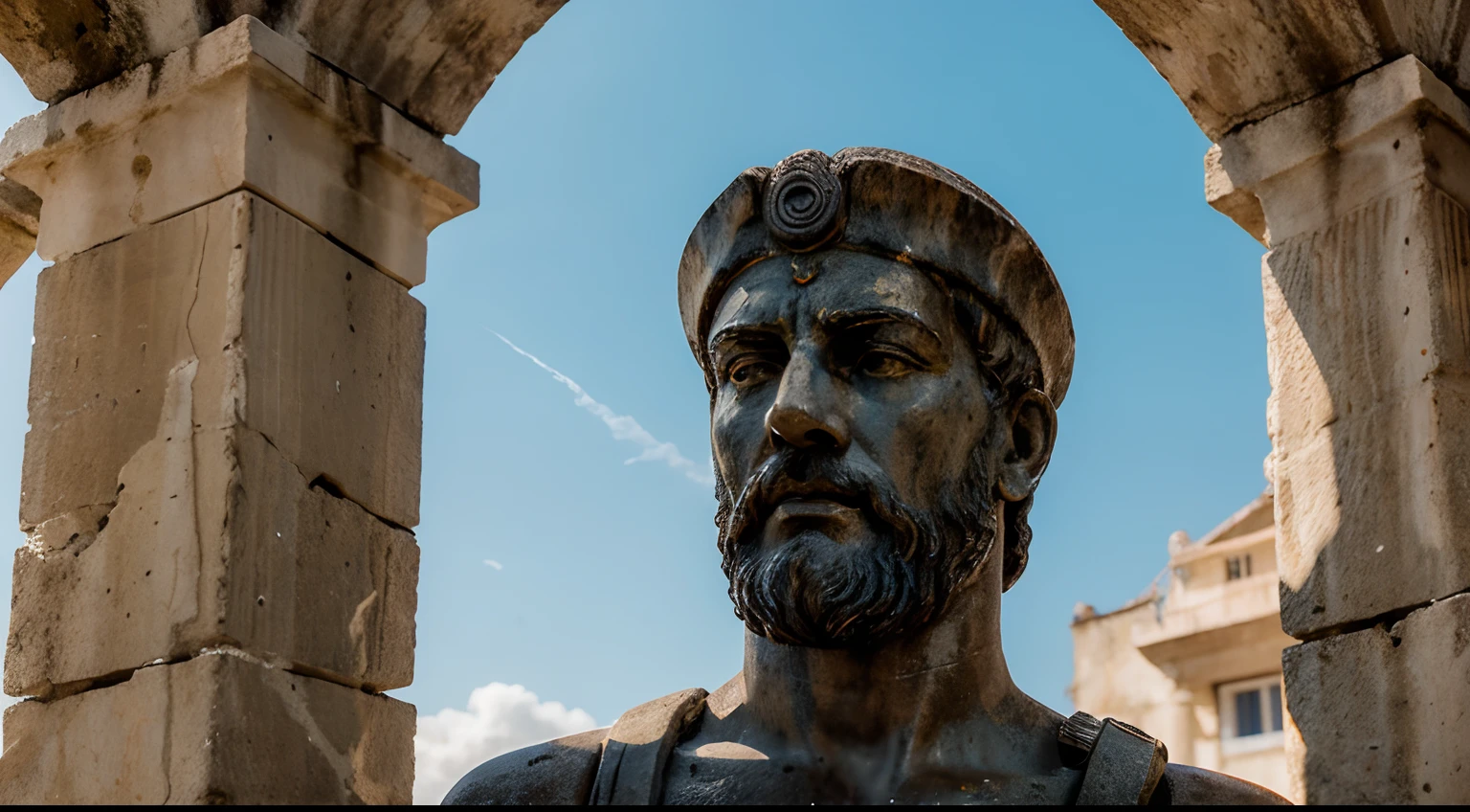 Ancient Stoic Statue With Very Angry Expression, tem barba, muitos detalhes em ambos os olhos, Outside, fundo atenas grego, open sky, com rosto extremamente detalhado full body view, Colors with low saturation with dark tone, Filmado em Sony A7S III com Sony FE 35mm f/1.8, 12.1 MP, --AR 3:2 --estilo cru