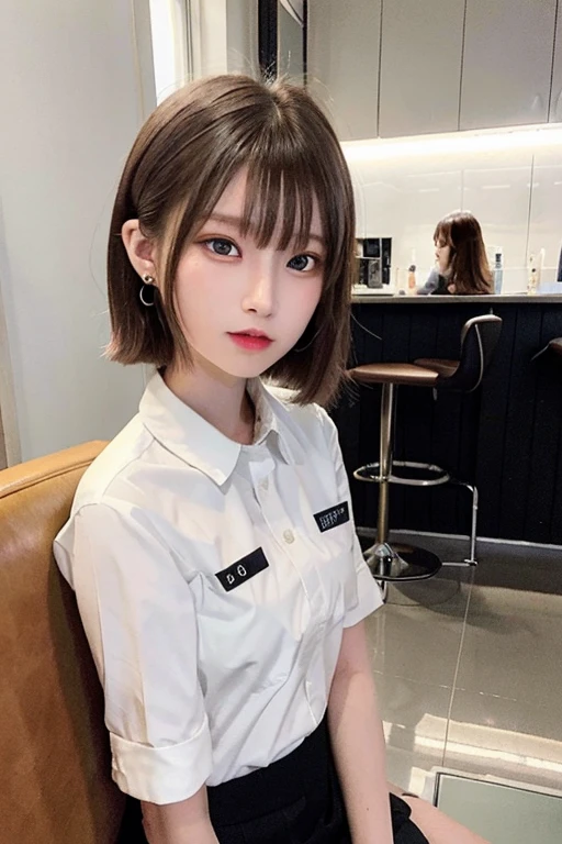 (8K、Raw photography、top-quality、​masterpiece:1.2)、(realisitic、Photorealsitic:1.37)、1 girl in、 only、cute little、adolable、(blue eyess)、(Shy smile:0.4)、(独奏)、详细的脸、oval-face、Thin almond eyes、Brown hair shorthair、Hair over one eye、A slender、medium breasts⁩、Waitress uniform、Dramatic Angle、tilt of the head、fluorescent lamp、Inside the coffee shop、Sitting by the window、small head、(Facing the other side)、teens girl、piercings
