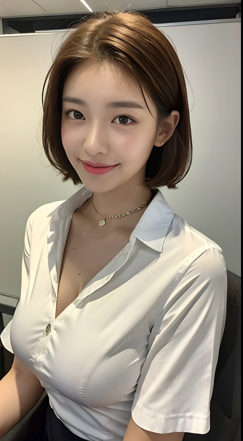 ((top-quality、8K、masterpies:1.3、Being in the company、OL、Office Casual Setup、White shirt with collar、very large breast bulge))、1girl in、Slim Beauty:1.3、Super Detail Face、Delicat eyes、二重まぶた、facial expression of smile、full body Esbian、Brown hair、Suntan-Skin、20yr old、bobhair、short-cut、erotick、Sensual look、stare