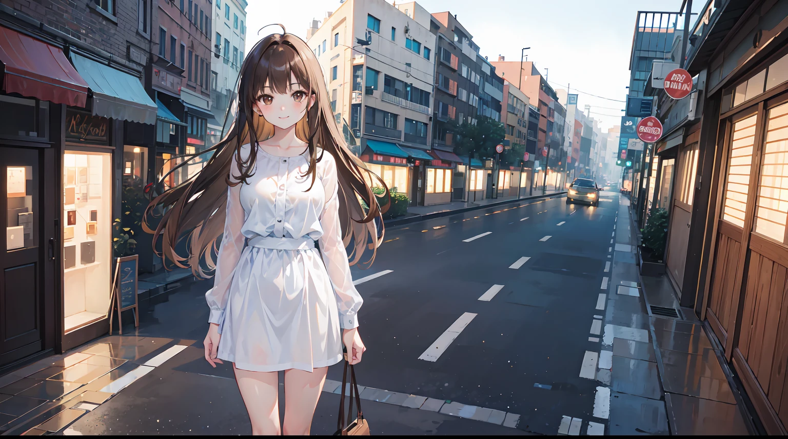 first-person view, pov, panorama, UHD, masterpiece, anatomically correct, 1girl, long brown hair, brown eyes, bangs, standing in front of you, hands behind back, no hands seen, smiling, daytime, city background, modern, footpath, looking at viewer