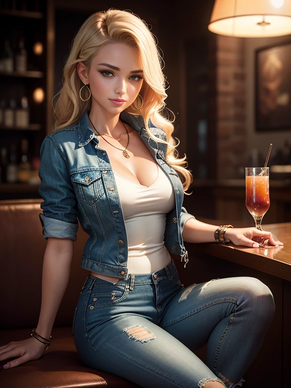 beautiful girl in a denim suit,sitting at the bar,classic medium,soft denim fabric,trendy denim jacket,tight-fitting jeans,stylish,chic,detailed stitching,designer's touch,leather boots,high heels,dangling earrings,delicate necklace,wavy blond hair,perfectly styled,subtle highlights,smoky eye makeup,pouty lips,sparkling nail polish,confident smile,mood lighting,classy atmosphere,contemporary bar decor,elegant cocktail glasses,craftsmanship details,masterpiece:1.2,Ultra-detailed scene,high-res photography,studio lighting,bold colors,moody vibes