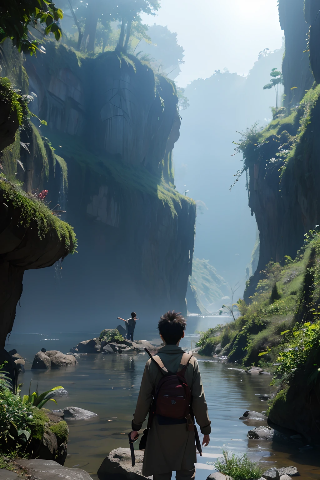 Fantasy anime style,Uncharted territory,Outside the hazy barrier,A boy curiously reached out and touched the mysterious realm
