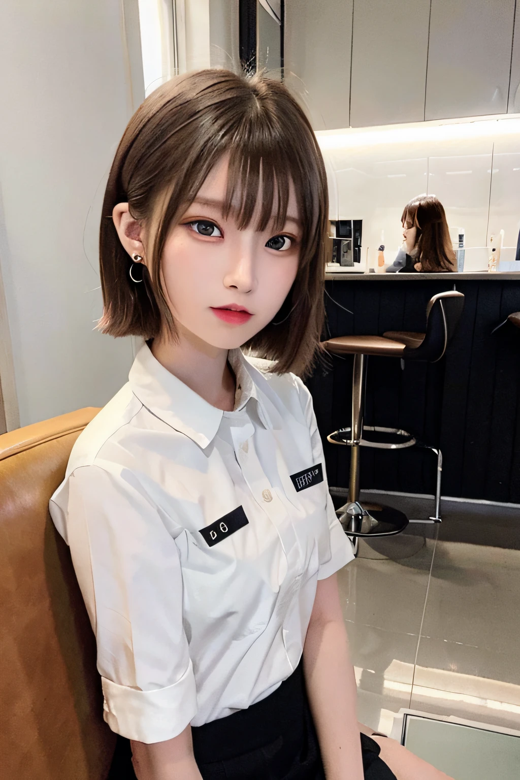 (8K、Raw photography、top-quality、masterpiece:1.2)、(realisitic、Photorealsitic:1.37)、1 girl in、 only、cute little、adolable、(blue eyess)、(Shy smile:0.4)、(独奏)、详细的脸、oval-face、Thin almond eyes、Brown hair shorthair、Hair over one eye、A slender、medium breasts、Waitress uniform、Dramatic Angle、tilt of the head、fluorescent lamp、Inside the coffee shop、Sitting by the window、small head、(Facing the other side)、teens girl、piercings