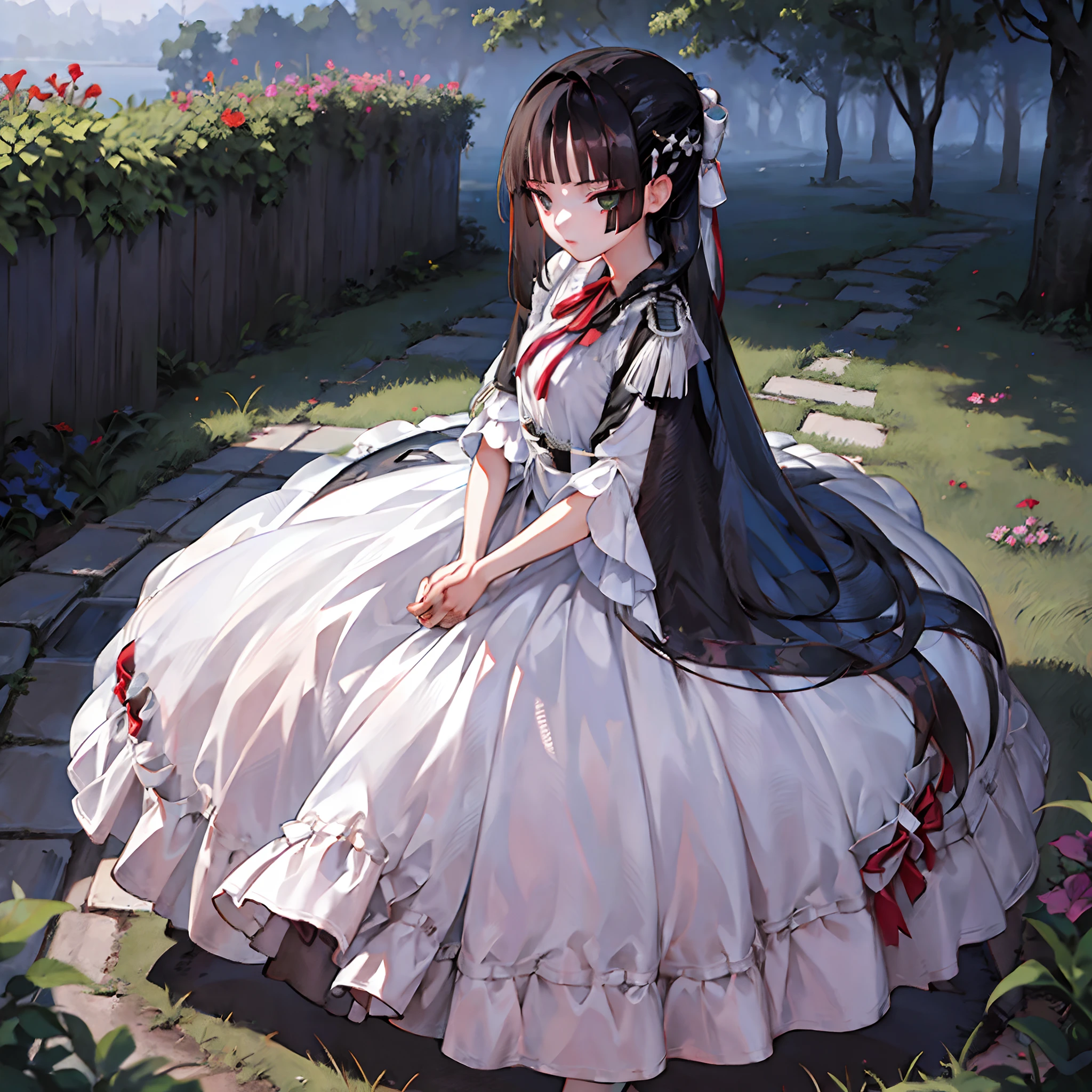 (masterpiece, top quality, best quality, official art, beautiful and aesthetic:1.2), 1girl, long black straight hair,  solo, standing in garden, looking at viewer, white ****ta_dress,