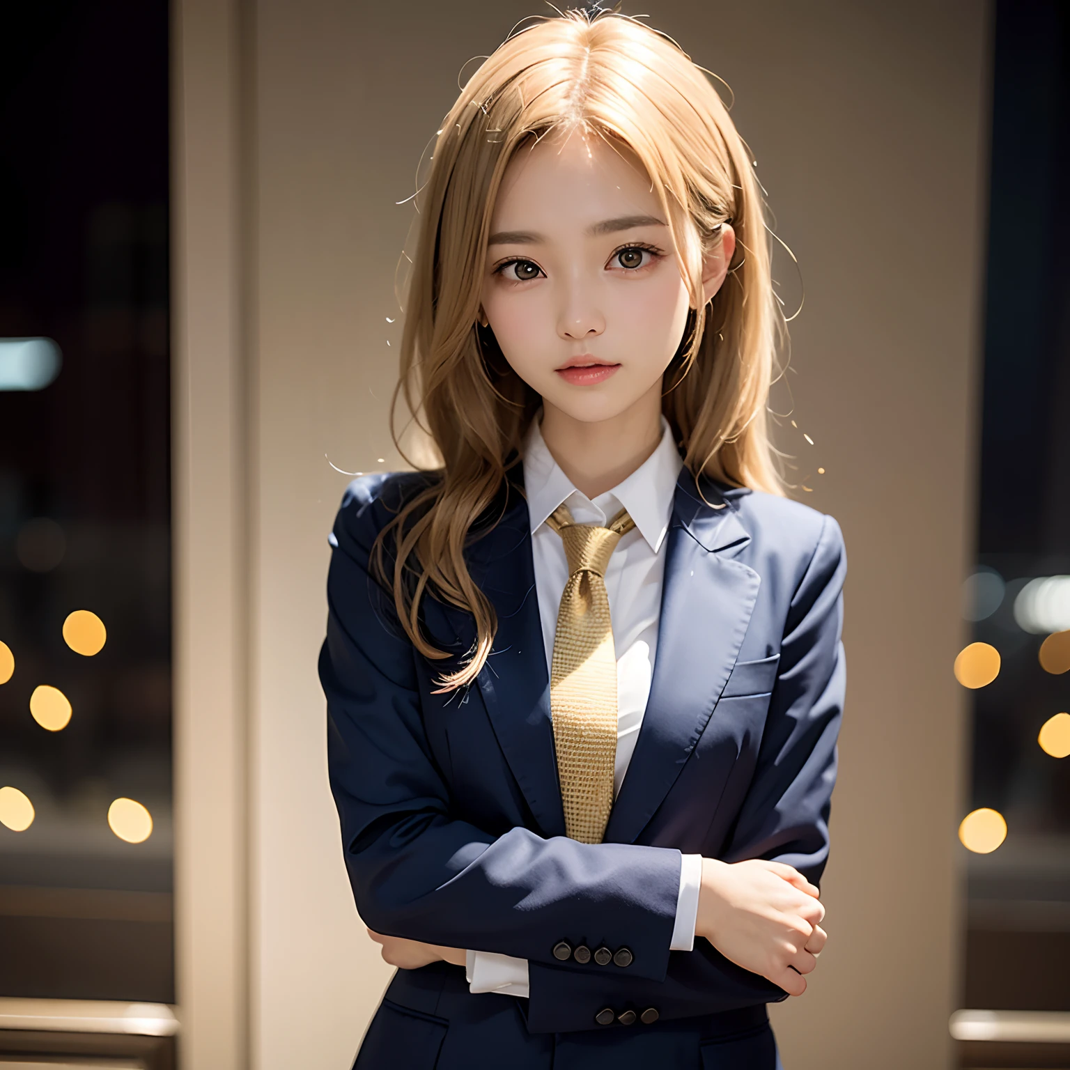 (masutepiece, Best Quality:1.2), 8K, Official art, Full body photo, full body Esbian、Emma fastening her tie.trouser、Cute smile、feet shoulder-width apart、slender and neat legs、Standing、A dark-haired、14years、small tits、A delightful、A smile、unbelievable Ridiculous, (Upper body, Dark blue suit:Cute Tie 1.4), Beautiful Girl, Pretty Face, arching back down, cute butt、Gold hair ornament on hair、Wearing a cute suit、Decide on a pose、close up, Wearing a suit, Short sleeve, gardenia, violaceaess, , mysterious background, Looking at Viewer, Film grain, chromatic abberation, Sharp Focus, face lights, Dynamic lighting, Cinematic lighting, Eyes and faces with detailed, Bokeh background, (Tie with Emma written on it、1 copy:1.2)